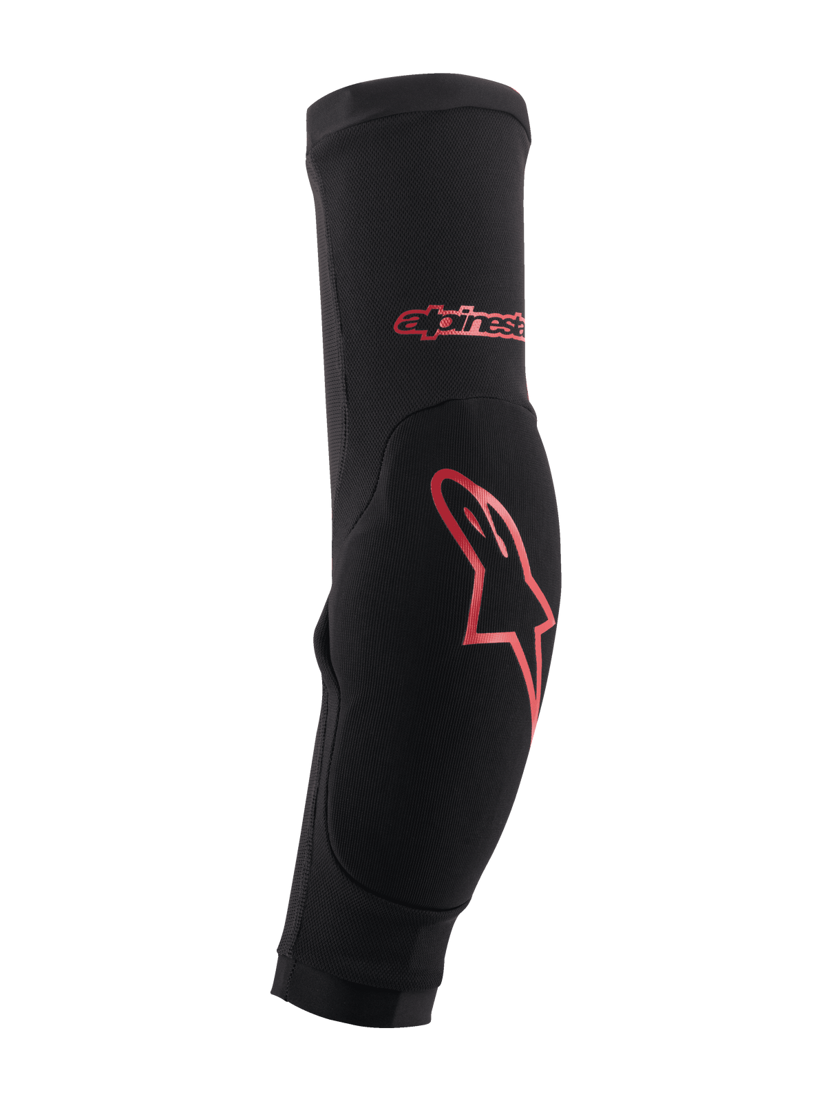 Protetores de cotovelo Alpinestars Paragon Plus, pretos com logótipo vermelho, proteção para BTT, manga slip-on ajustada com acolchoamento de impacto reforçado e estrutura em malha respirável