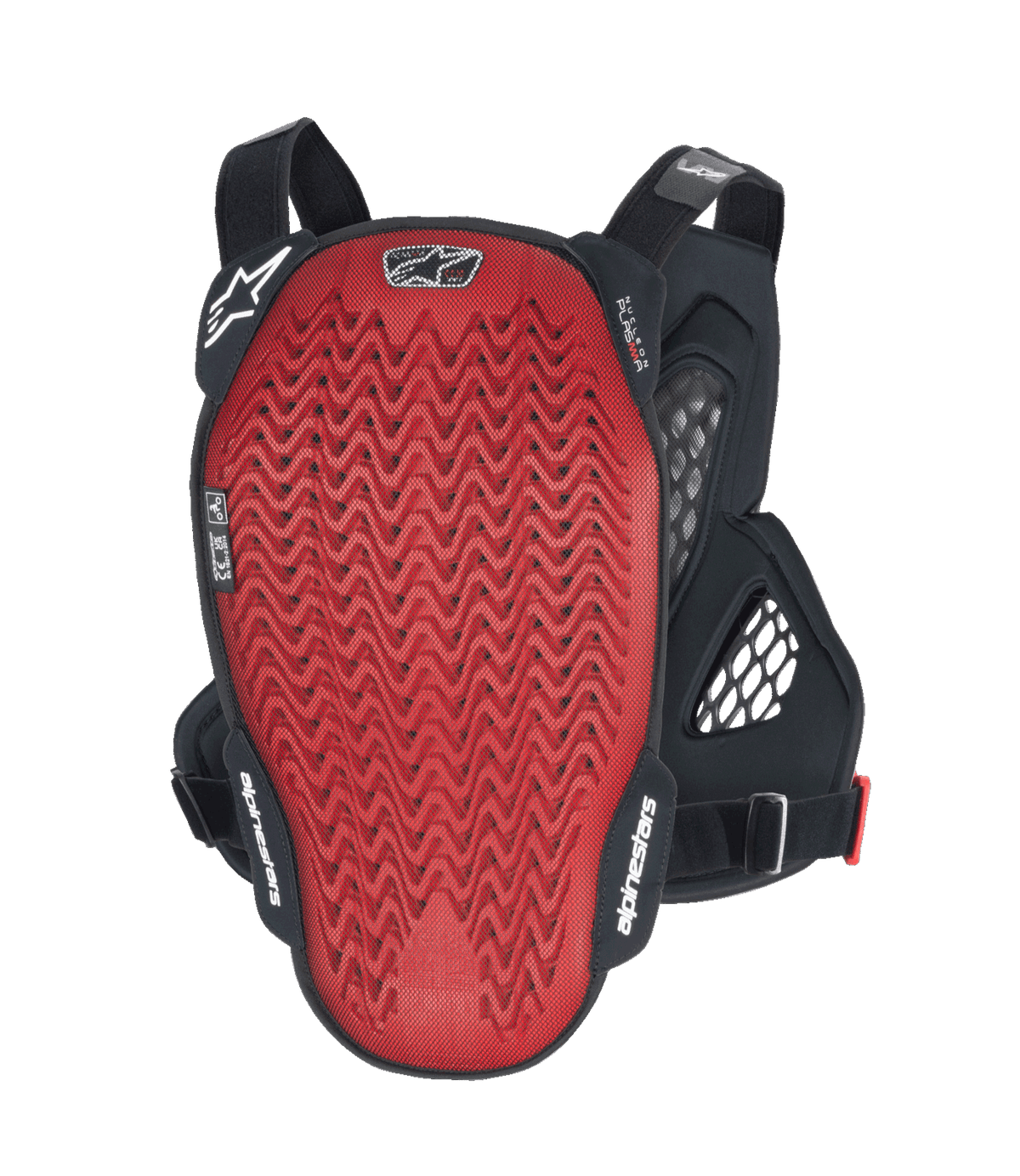 Protetor de Peito Alpinestars A-6 Plasma, vista traseira, placa traseira Nucleon PLASMA vermelha texturizada com abas laterais pretas e alças ajustáveis, equipamento de proteção para MTB em Preto Antracite Vermelho