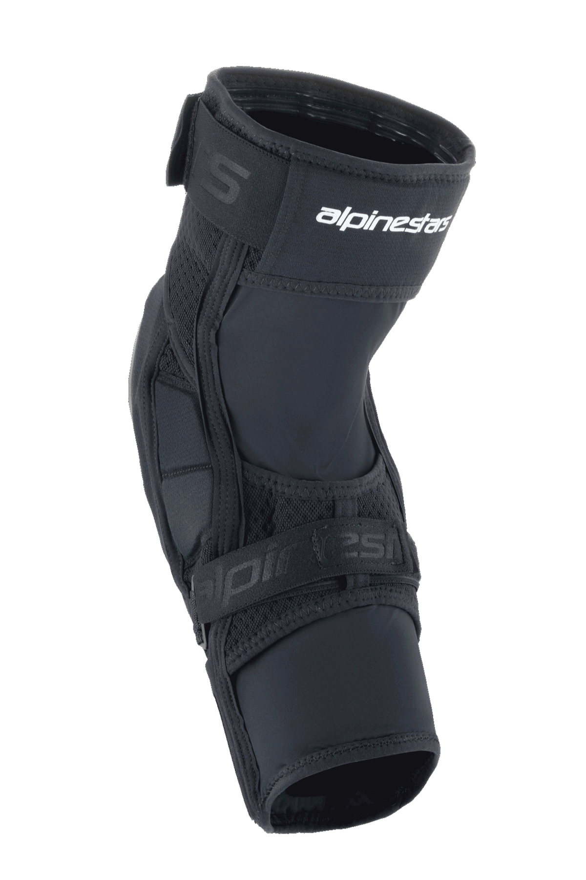 Alpinestars A-Impact Plasma Elite Shield Knee Protectors, MTB Protective Gear, Black with white logo, featuring a pre-curved ergonomic design, dual strap closure, and breathable mesh panels for mountain biking.