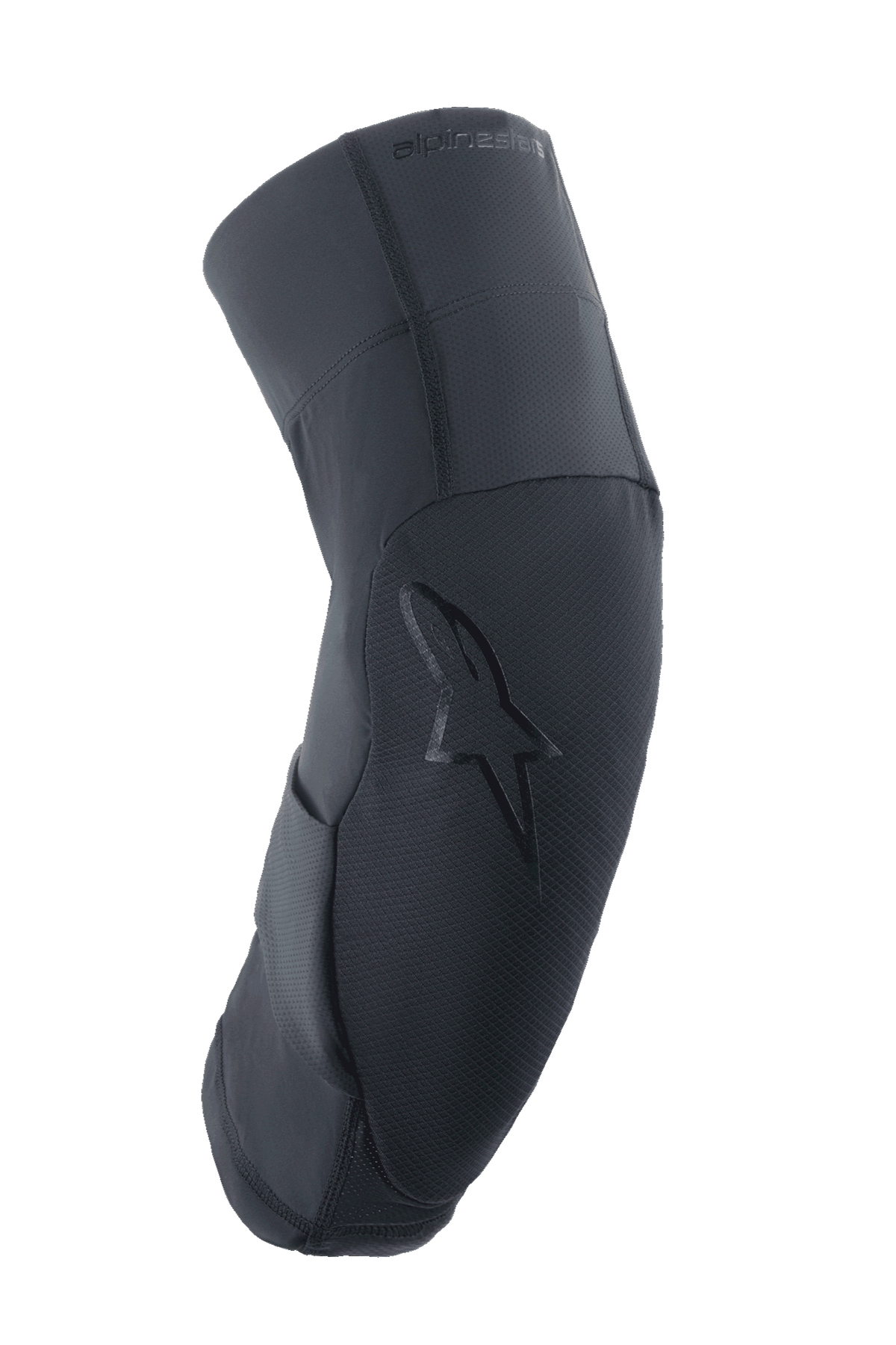 Protetor de joelho Alpinestars A-Motion Plasma Pro, preto, perfil lateral com design ergonómico curvo, painel frontal texturizado com logótipo de estrela tonal, tecidos de malha elástica respirável e ripstop, proteção leve para MTB e trilhos