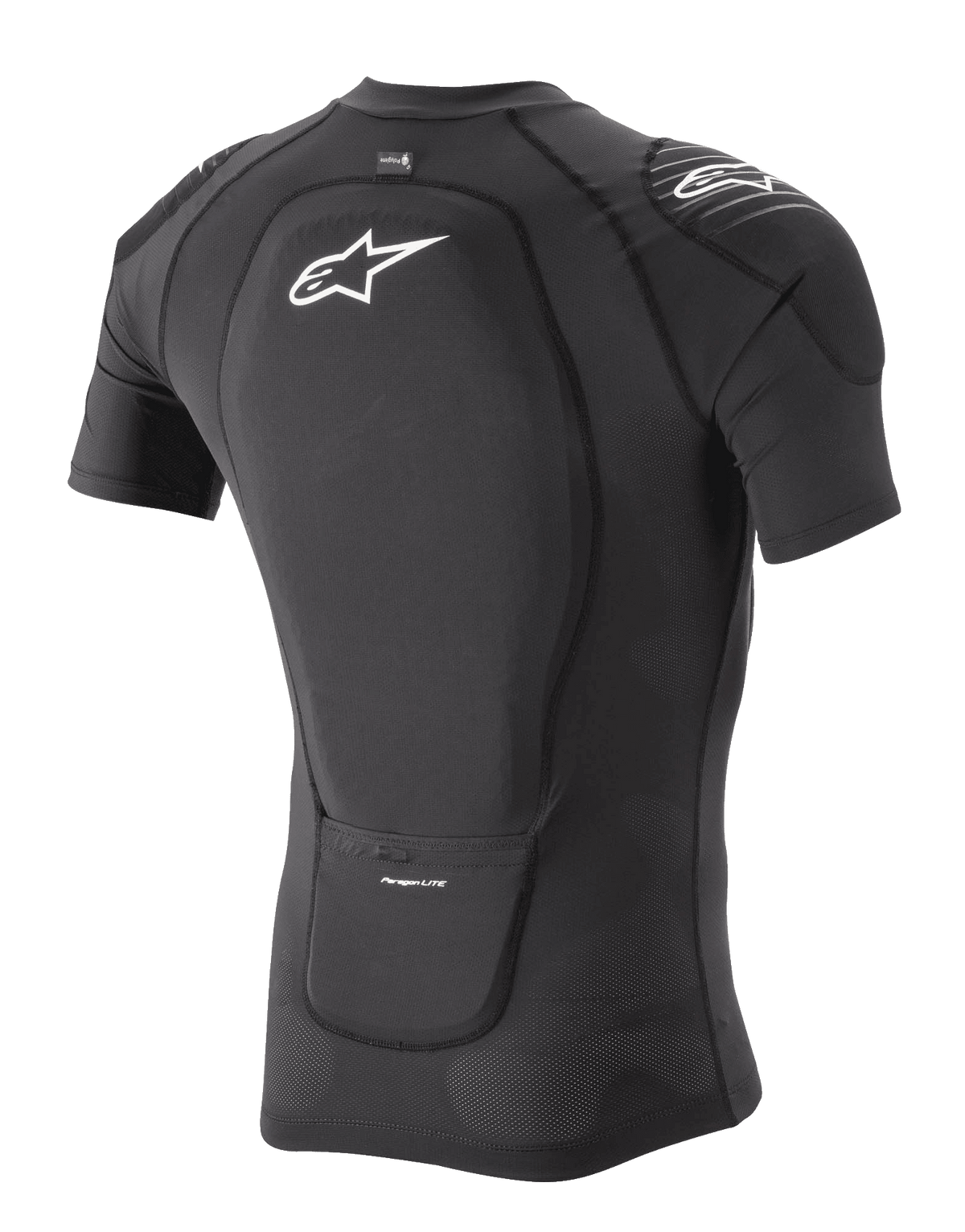 Jaqueta de Proteção Alpinestars Paragon Lite - Manga Curta, preta, vista traseira de três quartos mostrando o protetor de costas integrado e a construção em malha elástica respirável, com o logótipo Alpinestars em branco nas costas e no ombro, equipamento de proteção leve para BTT