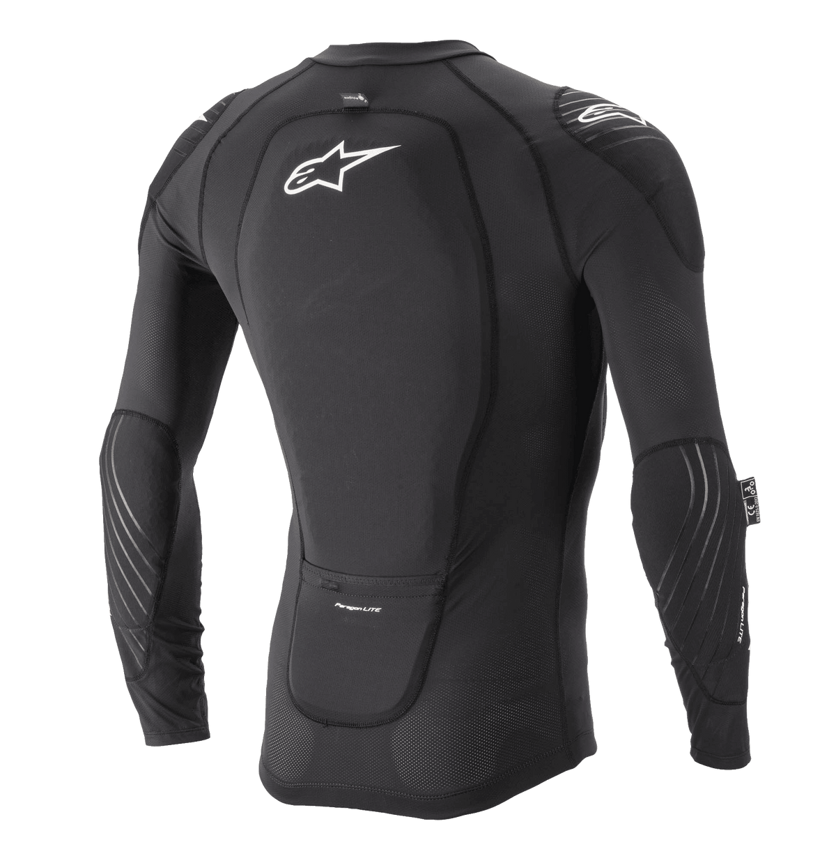 Alpinestars Paragon Lite Protection Jacket - Long Sleeve, preto, vista traseira com protetor de costas integrado e logótipo Astar branco, construção em malha respirável com proteção de cotovelos e ombros, proteção corporal leve para BTT