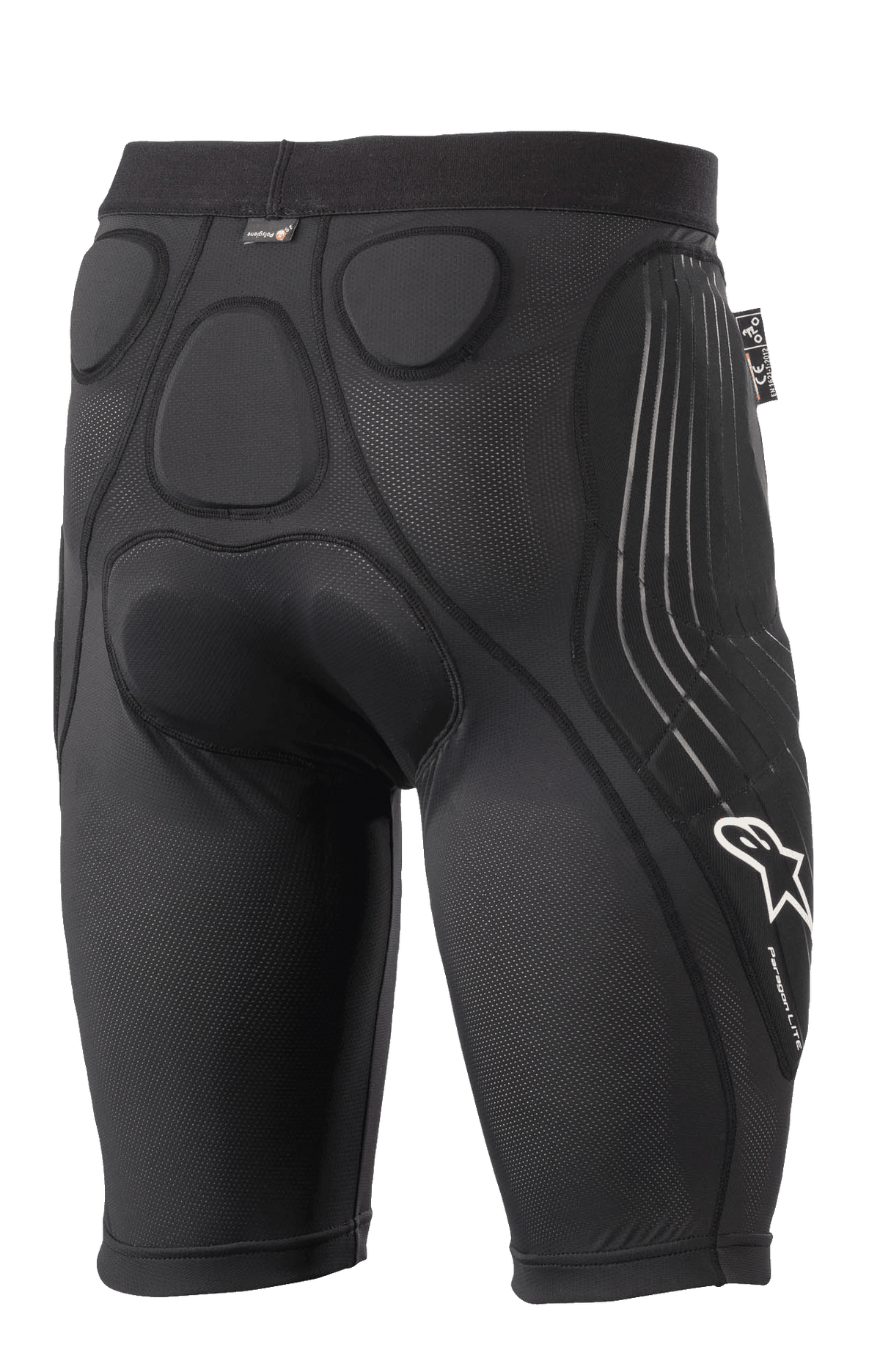 Alpinestars Paragon Lite Protection Shorts, calções de proteção pretos, vista traseira com acolchoamento em espuma de memória integrado para proteção da anca e do cóccix, design em malha respirável, logótipo Alpinestars branco e marca Paragon Lite na perna, equipamento de proteção leve para ciclismo