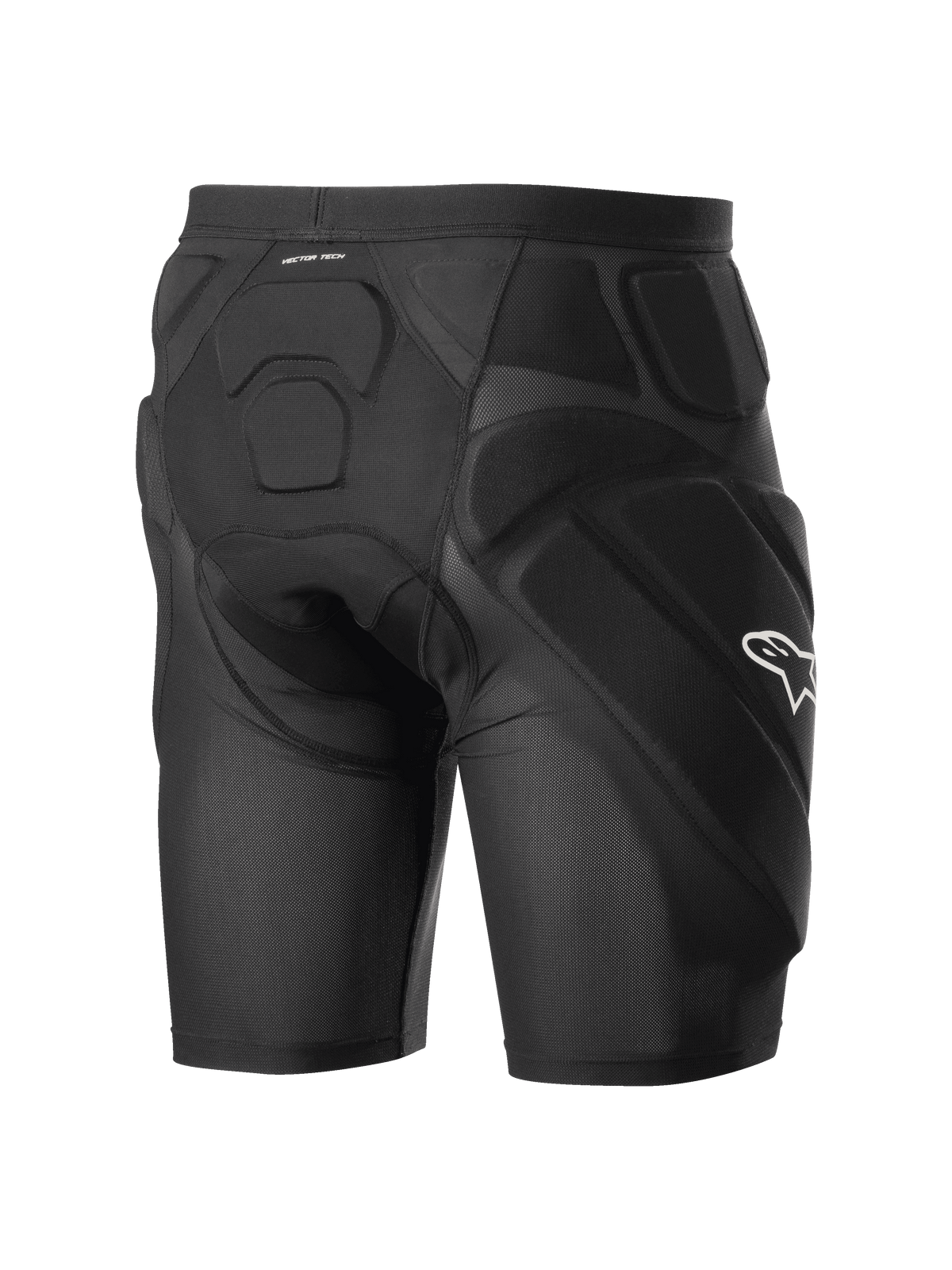 Alpinestars Vector Tech Shorts, calções de proteção para ciclismo, pretos, com acolchoamento integrado em espuma de memória EVA nas ancas e costas, construção em malha elástica respirável e logótipo Alpinestars branco na lateral