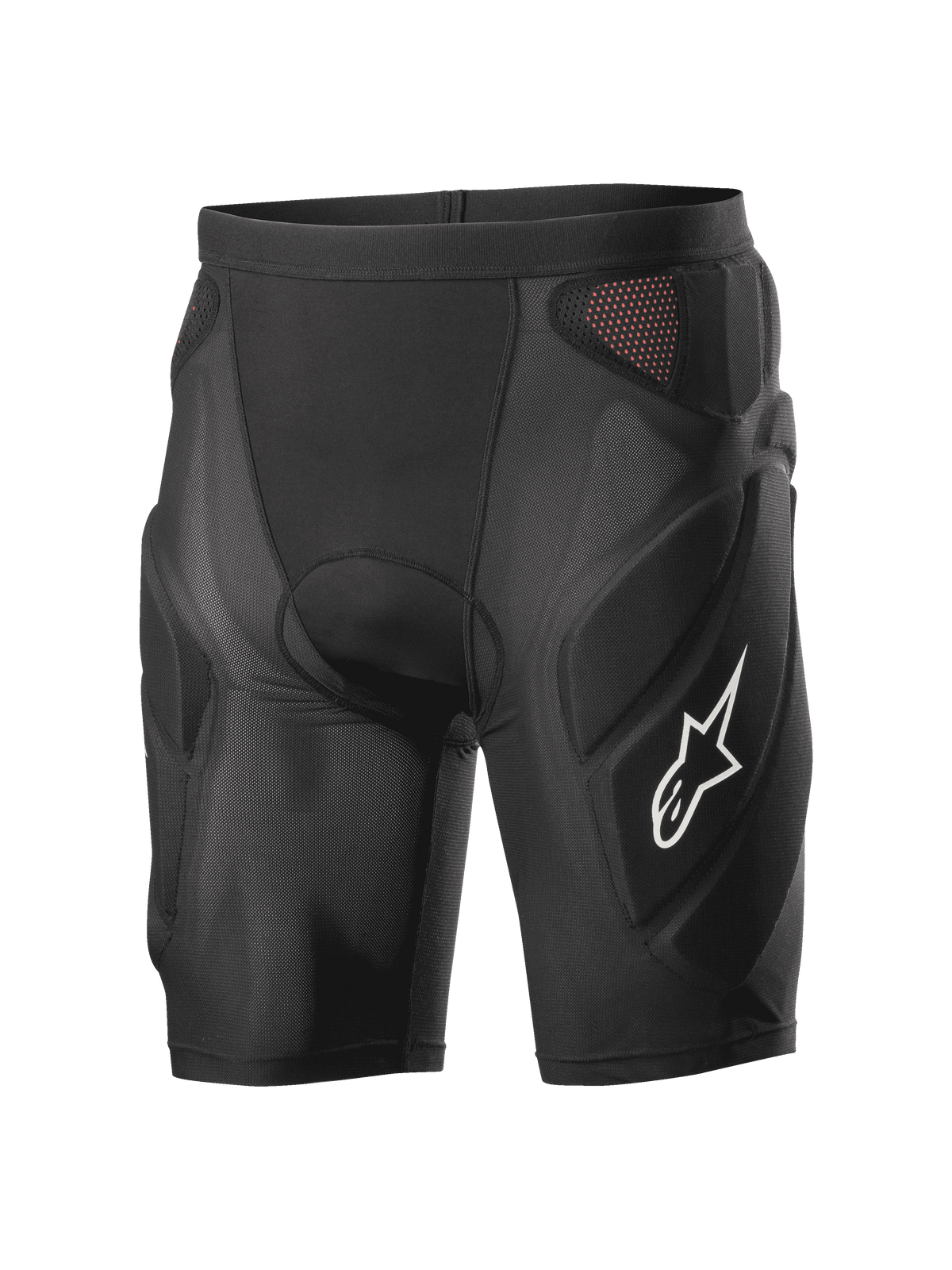 Alpinestars Vector Tech Shorts, calções de proteção de ciclismo pretos, design de compressão acolchoado com painéis de rede vermelhos, logótipo de estrela branco na coxa, malha elástica leve com proteção em espuma EVA, equipamento para MTB e downhill
