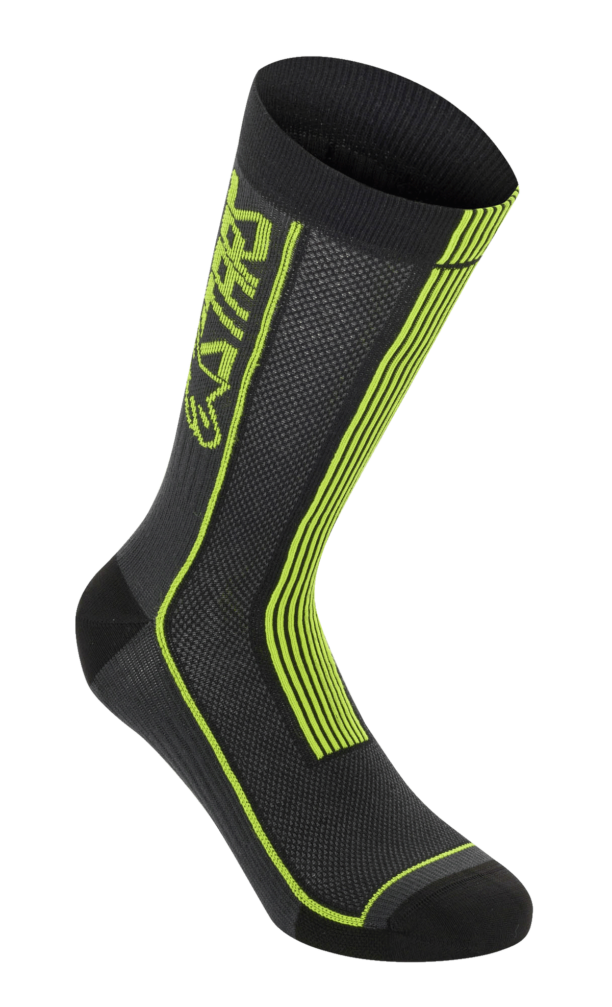 Alpinestars Summer Socks, meias de ciclismo, pretas e amarelo ácido, com riscas verticais amarelo néon e marca ASTARS, construção em malha respirável com punho superior canelado, biqueira e calcanhar reforçados, equipamento de performance leve para mountain bike.