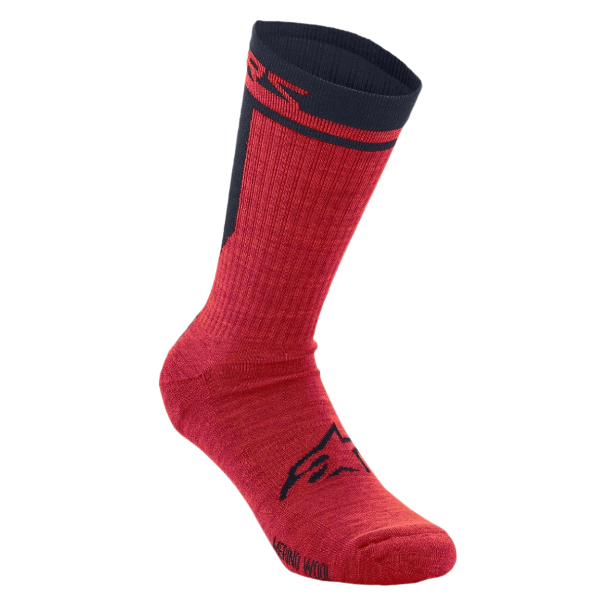 Alpinestars Merino Socks 24, Cycling Socks, Red and Black, single-layer merino wool construction, featuring a black Alpinestars logo on the foot and a black cuff with red branding
