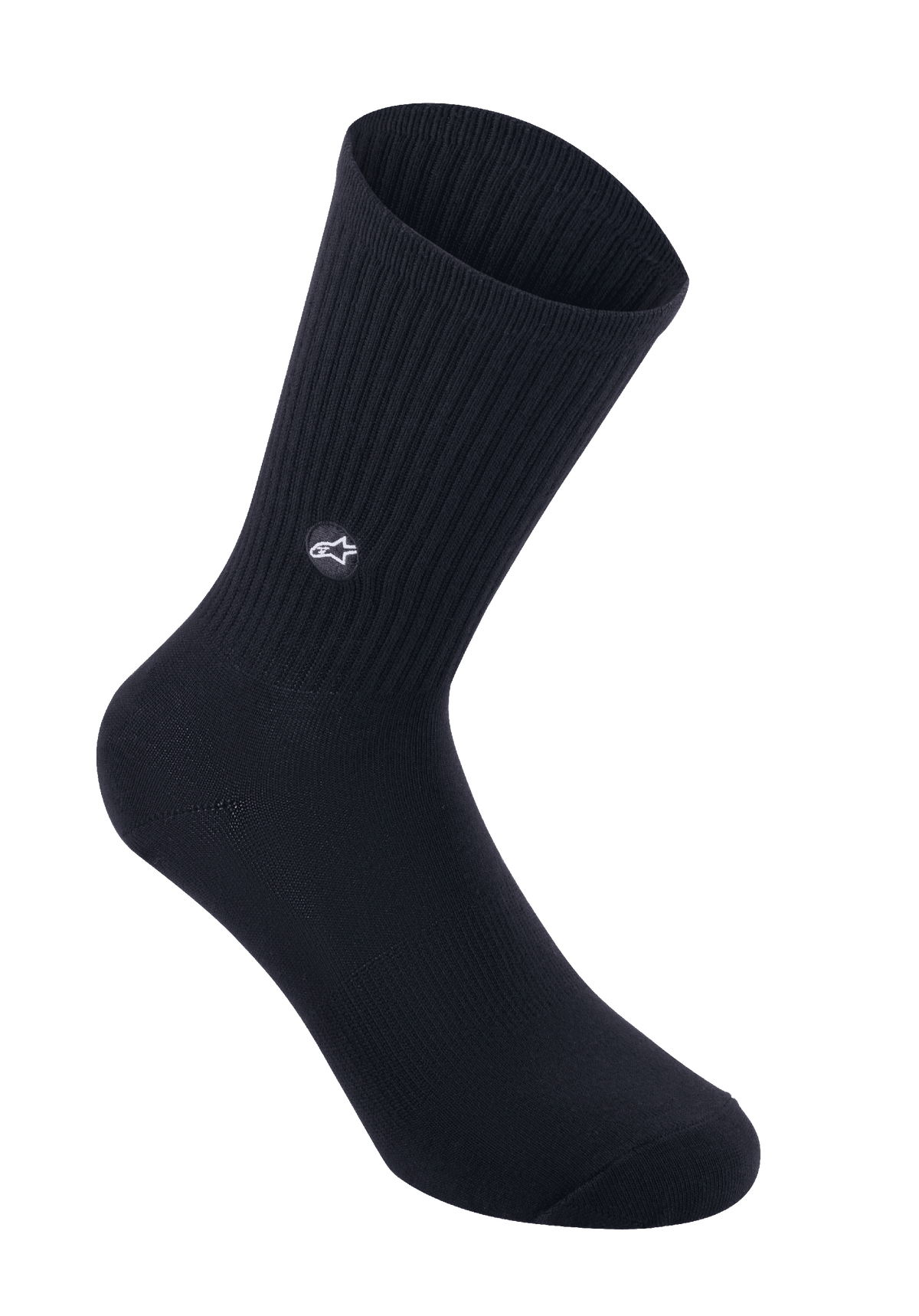 Alpinestars Alps Crew Socks, meias de ciclismo, pretas, malha canelada na perna com patch do logótipo de estrela bordado, estilo clássico de cano alto para BTT e estrada