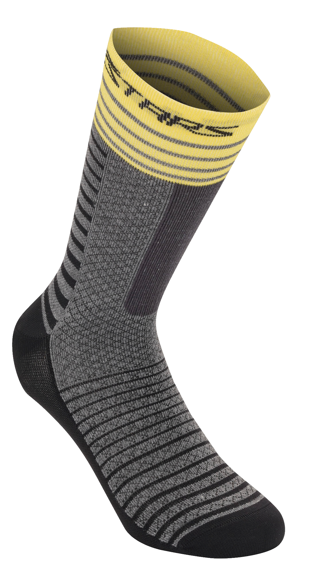 Alpinestars Drop Socks 19, meias de ciclismo, cinzento médio e amarelo, com punho canelado amarelo e riscas, corpo texturizado cinzento com padrões horizontais pretos, calcanhar e biqueira pretos reforçados, equipamento de MTB de performance respirável
