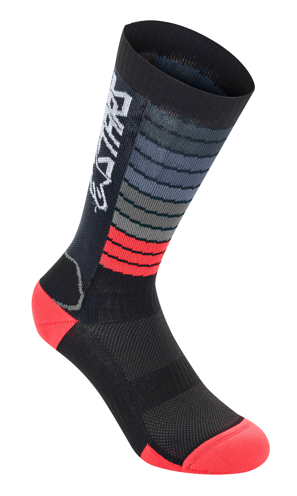 Meias Alpinestars Drop, meias de ciclismo de alta performance, pretas e vermelho vivo, com riscas horizontais cinzentas e vermelhas, logótipo Astars branco no cano, calcanhar e biqueira reforçados, construção em malha para equipamento de BTT