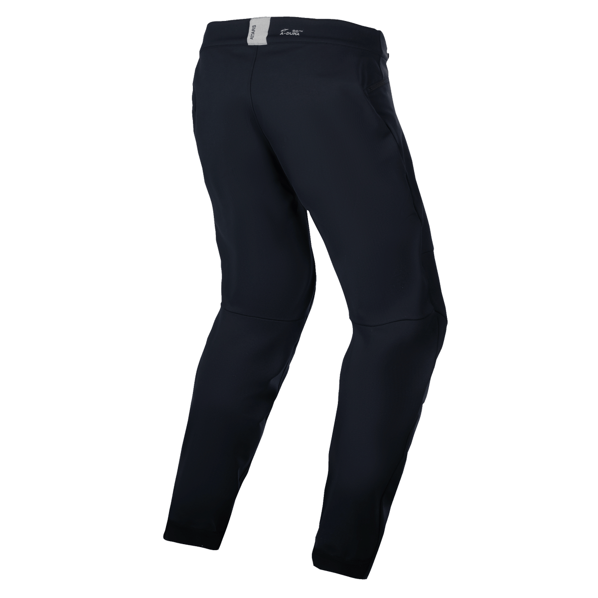 Alpinestars A-Dura Thermal Pant, calças de BTT, pretas, vista traseira apresentando um design anatómico pré-curvado, pequeno logótipo ASTARS no cós traseiro, estilo minimalista para trail e enduro