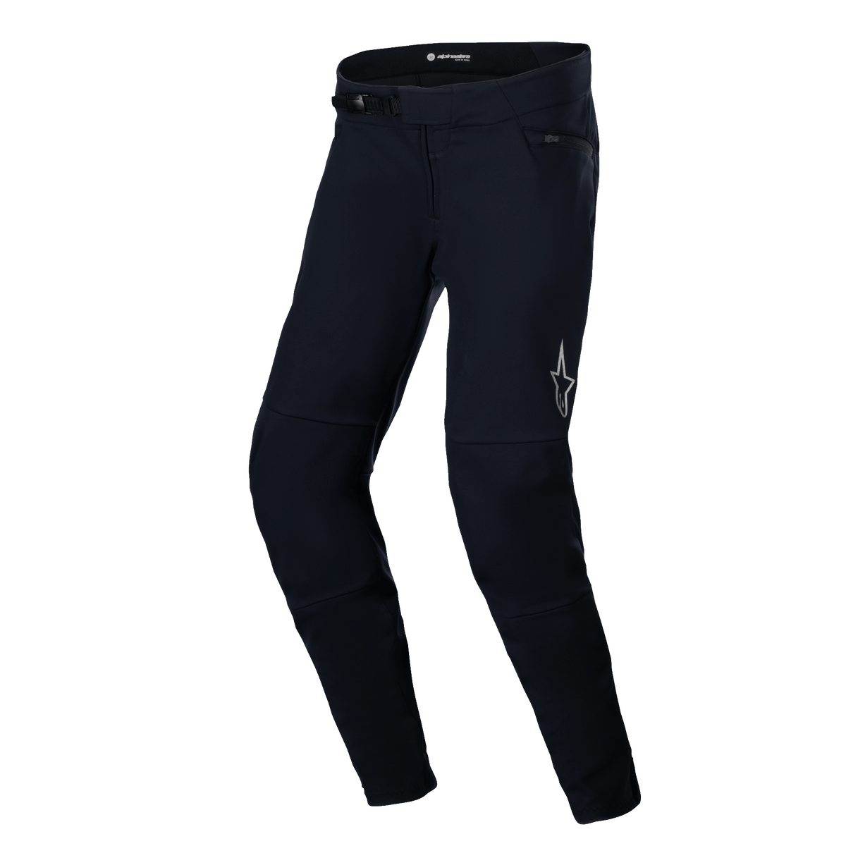 Calças Térmicas Alpinestars A-Dura, calças de BTT, pretas, com camada exterior de nylon robusta, sistema de fecho de catraca, logótipo de estrela refletor na coxa esquerda e formato anatomicamente pré-curvado para conforto em condução todo-o-terreno.
