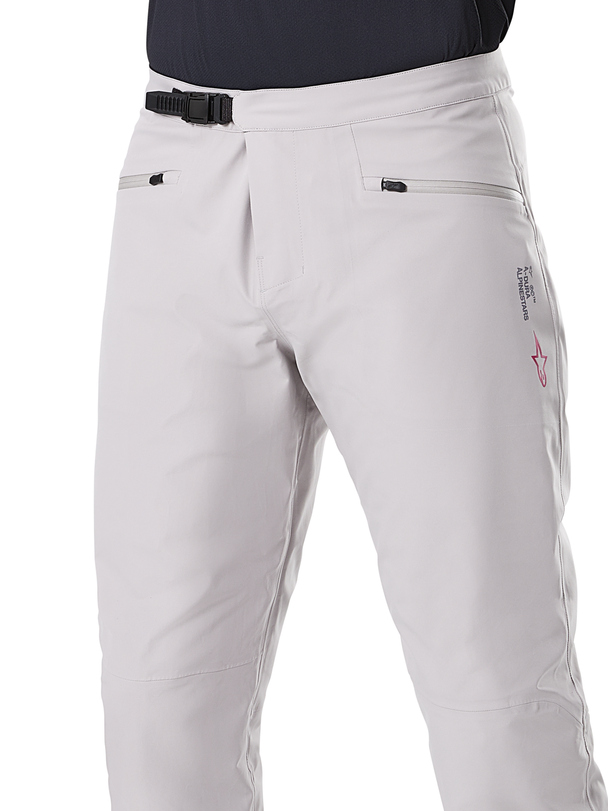 Calças Impermeáveis Alpinestars A-Dura, calças de BTT, cinzento Titanium, vista frontal com fecho de catraca preto na cintura e bolsos de mão com fecho de correr, construção impermeável durável para BTT