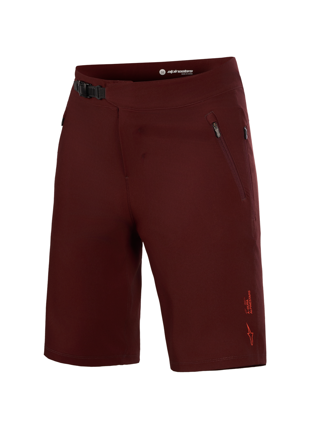 Calções Alpinestars A-Dura Ride Liner Bordeaux, equipamento de MTB elástico com fecho de catraca e bolsos laterais.