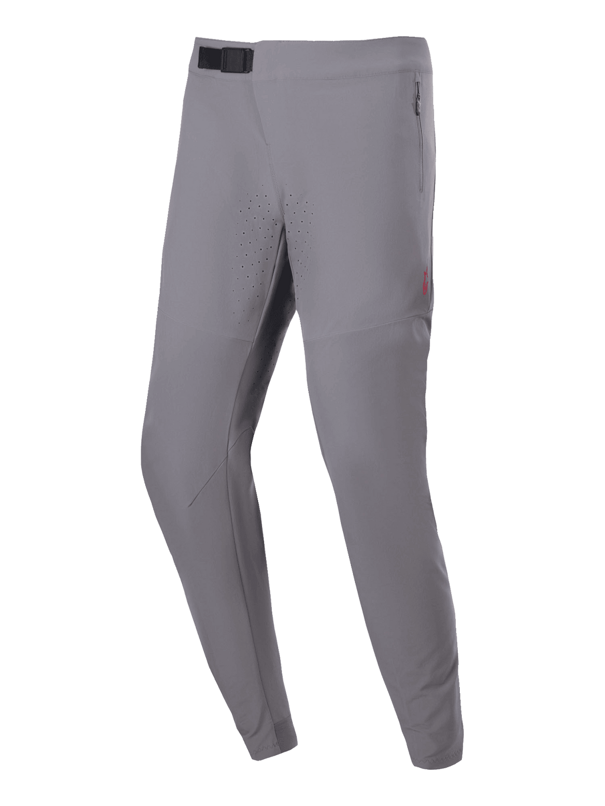 Alpinestars A-Aria Elite Pants, calças de ciclismo BTT, cinza escuro, com perfurações cortadas a laser nas coxas, fecho de fivela magnética preta na cintura e bolsos laterais com fecho de correr, ajuste de performance para trilhos de BTT