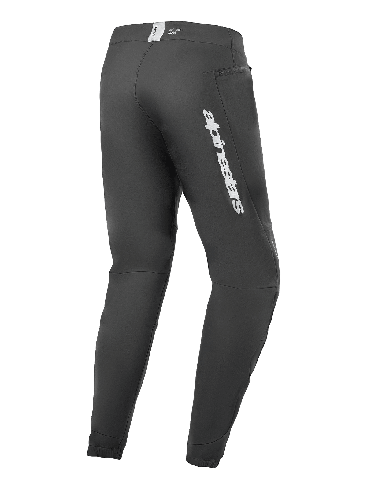 Calças Alpinestars A-Dura Elite, calças de mountain bike, pretas, vista lateral traseira com marca Alpinestars prateada na coxa, bolso com fecho e punhos elásticos, equipamento técnico durável para MTB
