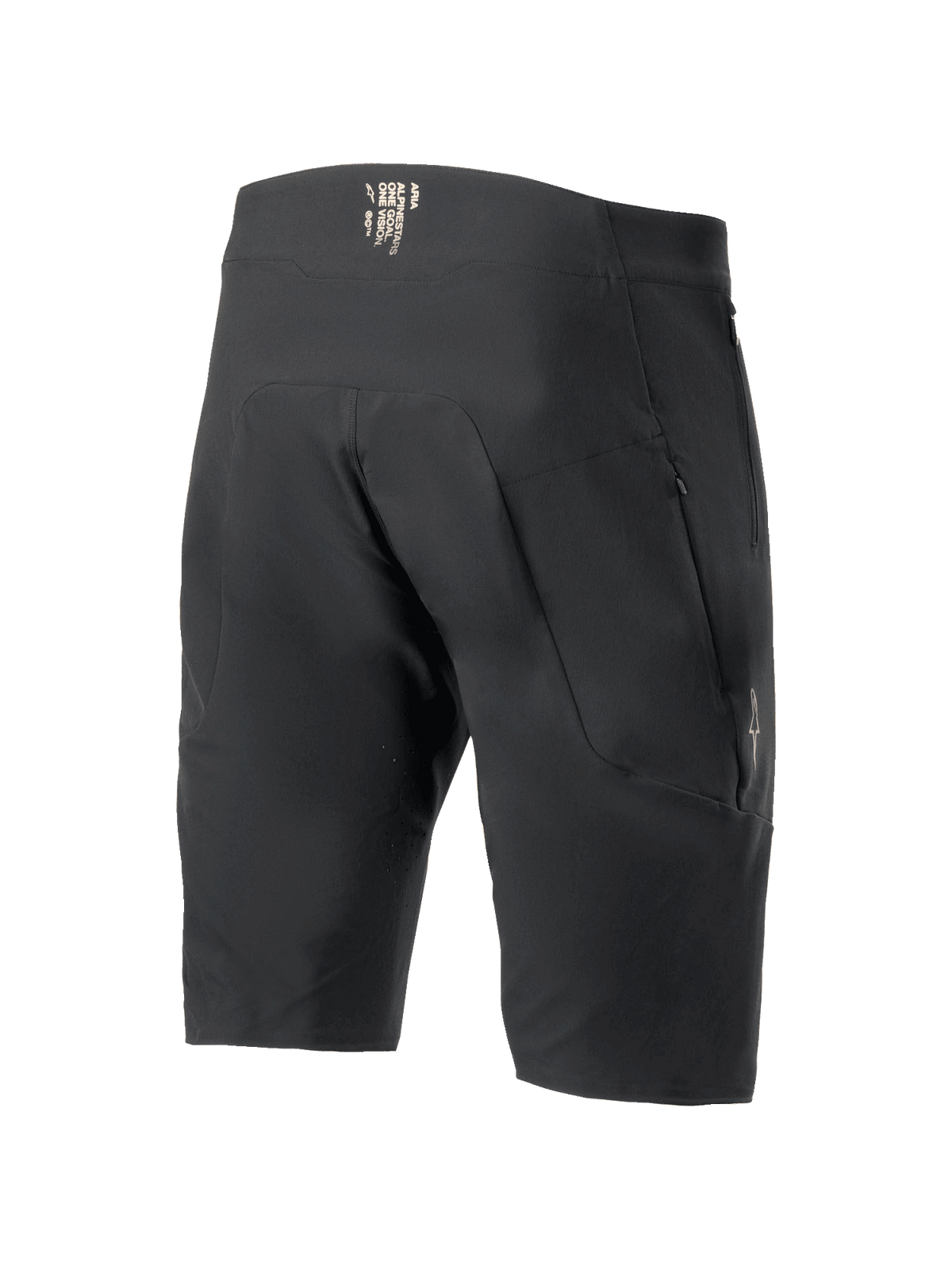 Alpinestars A-Aria Elite Shorts, calções de BTT, pretos, vista traseira mostrando bolsos com fecho de correr e marca no cós, ajuste de performance técnica para ciclismo todo-o-terreno