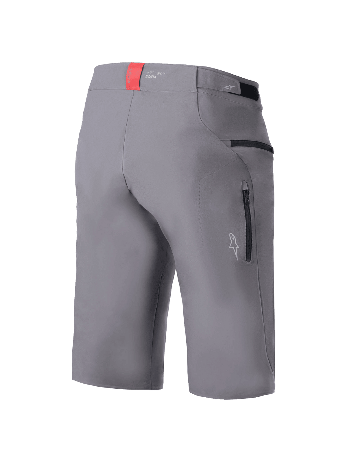 Alpinestars A-Dura Elite Shorts, MTB Cycling Shorts, Dark Gray, rear three-quarter view showing zippered side pockets, hook and loop waist adjusters, and a red accent tab on the waistband, durable 4-way stretch Cordura fabric, regular fit for mountain biking