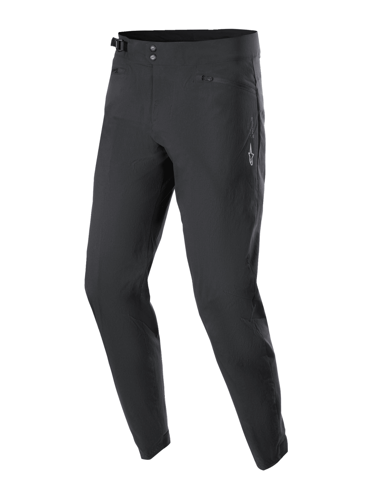 Alpinestars A-Dura Pants, Mountain Bike Cycling Pants, Black, featuring a double snap waist closure, side adjusters, zippered mesh-lined pockets, and a white Astars logo on the thigh, designed for off-road durability.