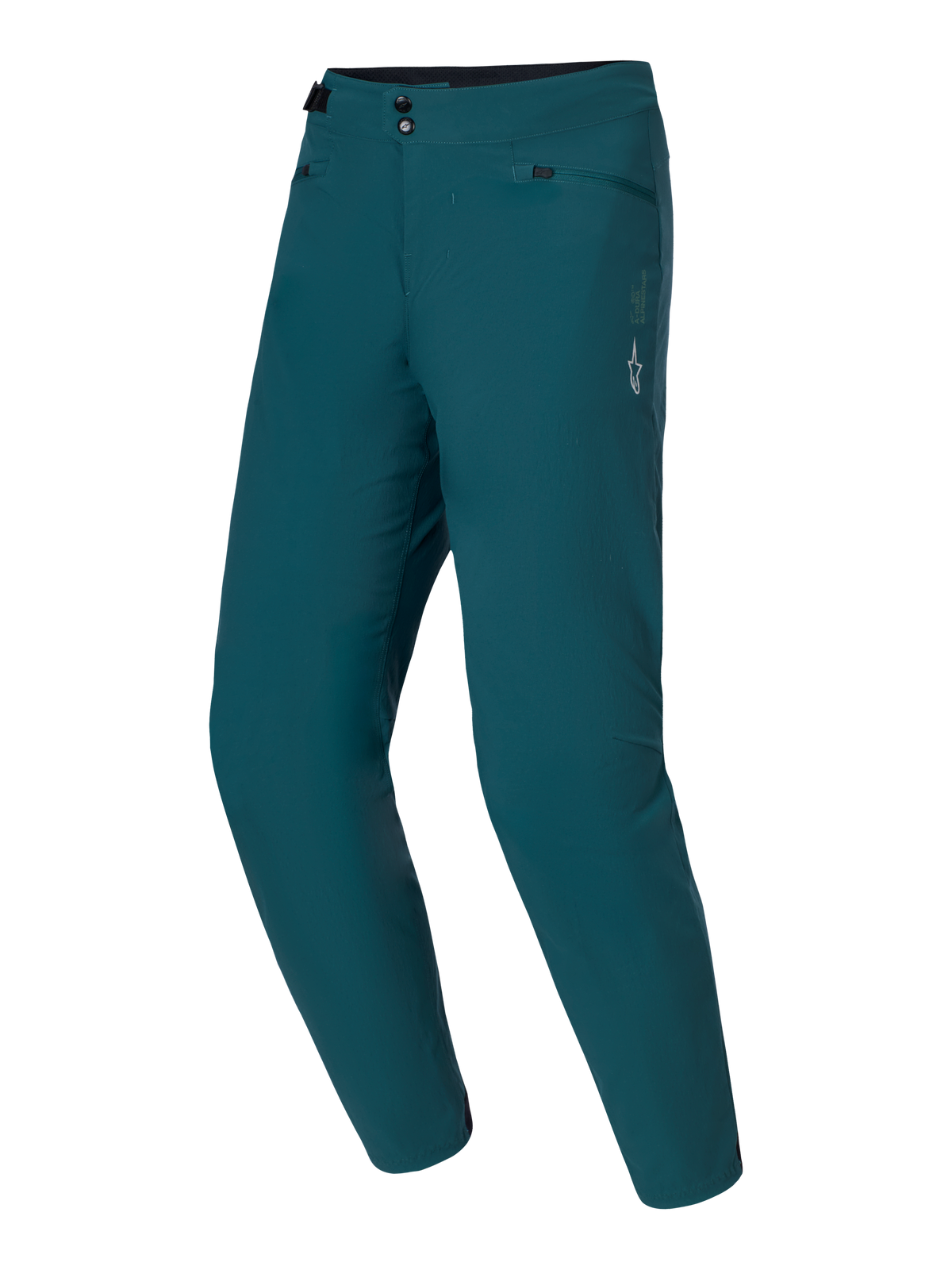 Alpinestars A-Dura Pants, calças de mountain bike, verde Dark Pine, fecho duplo de pressão e ajustadores laterais na cintura, logótipo de estrela branco na coxa esquerda, tecido durável com elasticidade em 2 direções para trilhos de BTT