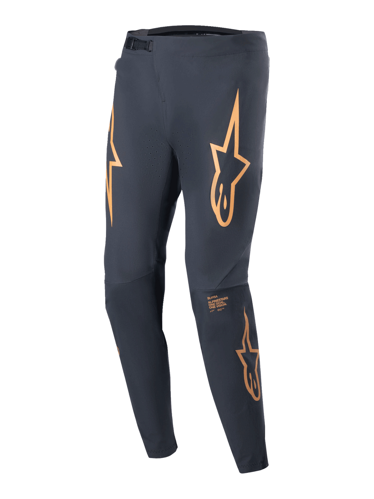 Calças Alpinestars A-Supra Race, calças de corrida de BTT, pretas com logótipos de estrela cor de laranja proeminentes nas coxas, fecho de catraca frontal, ventilação perfurada a laser e corte atlético afunilado.