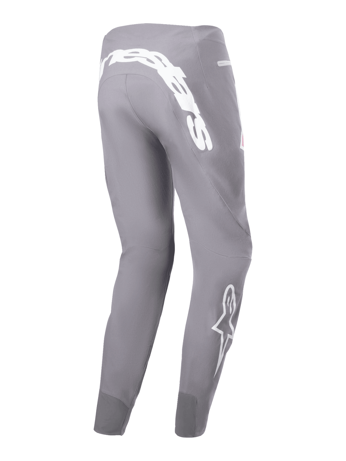 Alpinestars A-Supra Race Pants, calças de corrida de MTB, cinzento escuro, com um grande logótipo nominativo branco na pala traseira e logótipo de estrela na perna, corte de performance afunilado com tecido elástico em 4 direções, vestuário durável para ciclismo fora de estrada