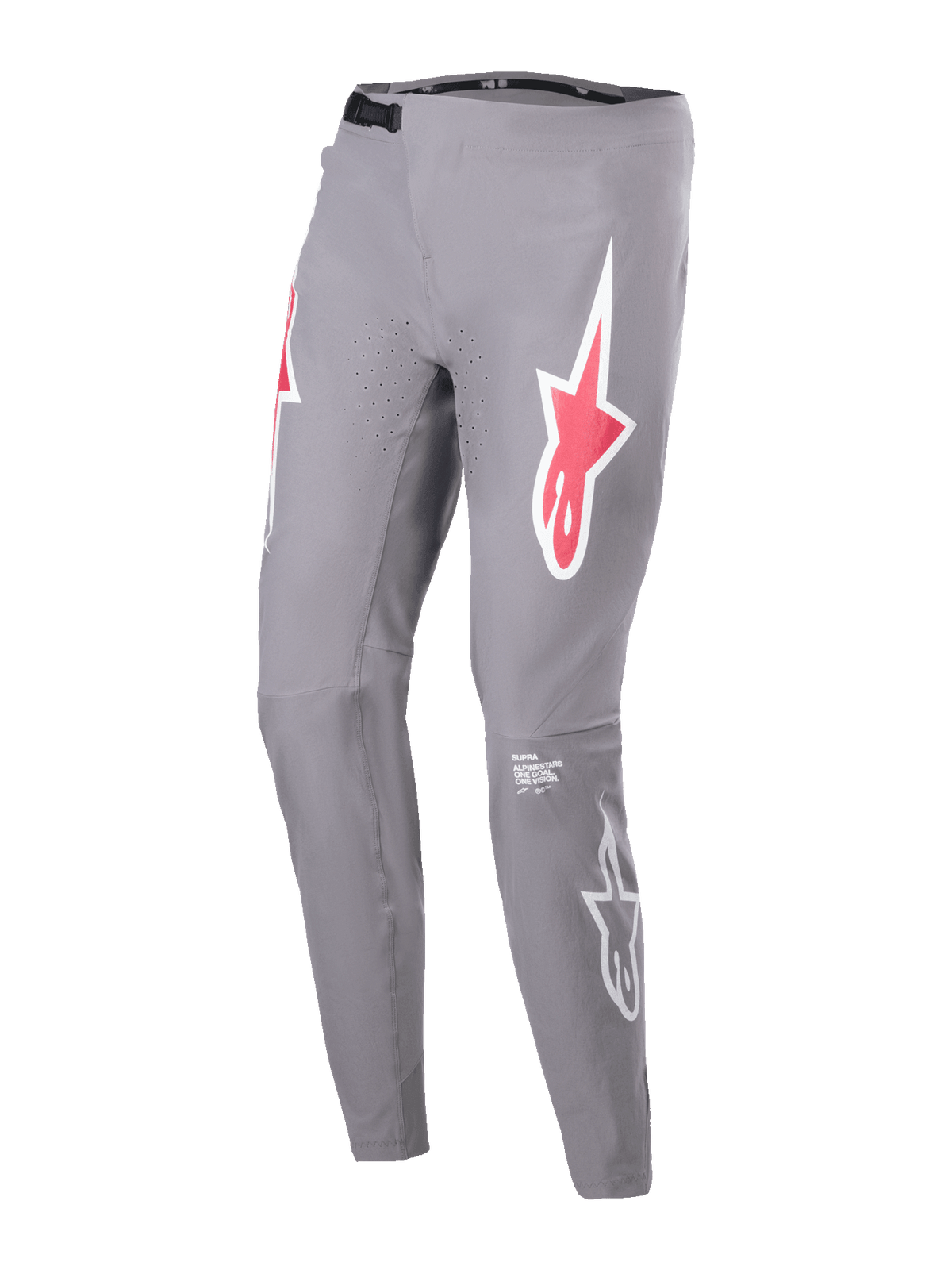 Alpinestars A-Supra Race Pants, calças de corrida de BTT, cinza escuro, com logótipos de estrela vermelhos e brancos nas coxas, orifícios de ventilação perfurados a laser, fecho de cintura de catraca preto, ajuste de performance justo para mountain biking
