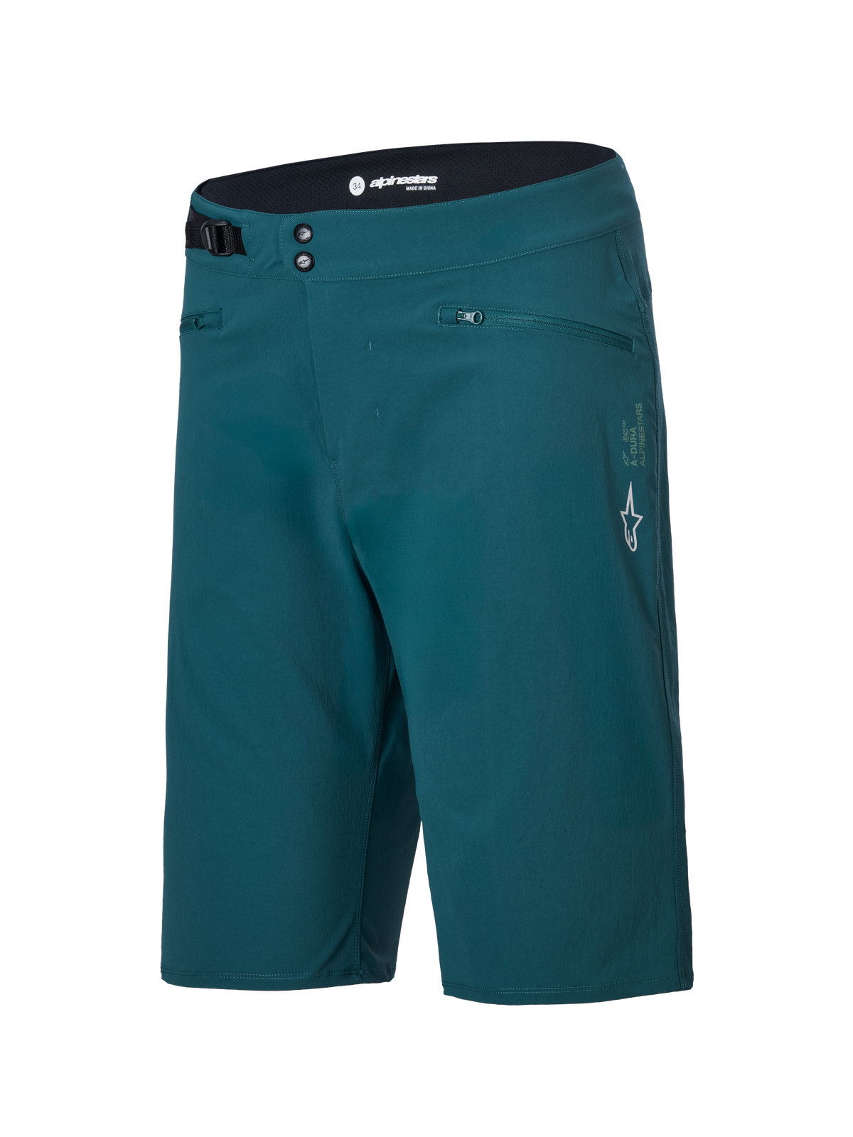 Alpinestars A-Dura Shorts, Mountain Bike Shorts, Dark Pine Green, featuring zippered pockets, double snap front closure, adjustable side waist cinch, and white Alpinestars logo on the left leg, durable design for MTB cycling