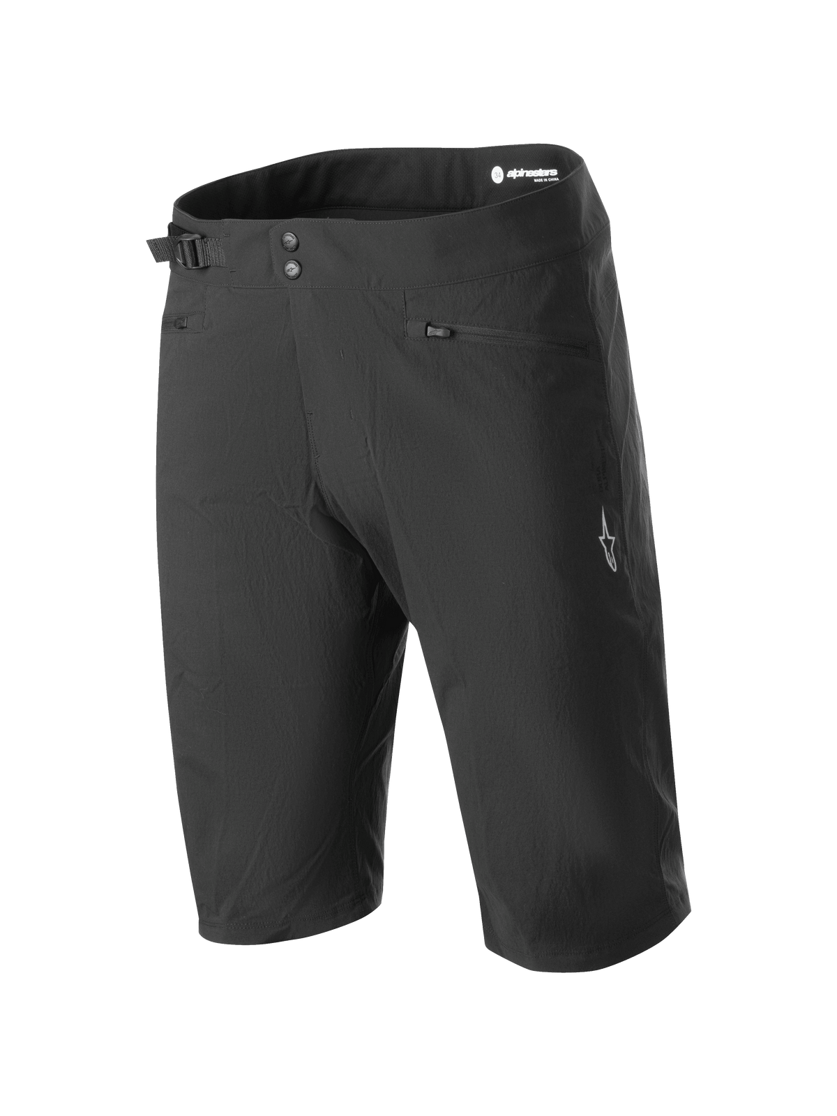 Alpinestars A-Dura Liner Shorts, Black Mountain Bike Shorts, double snap closure with adjustable side waist cinch, zippered hand pockets, white star logo on the leg, durable and stretchy fabric for MTB riding.