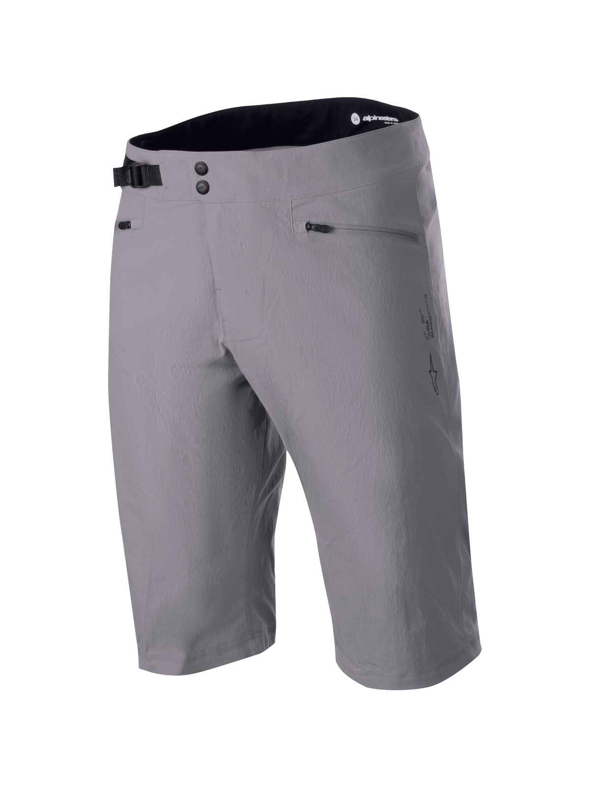 Alpinestars A-Dura Liner Shorts, Dark Gray MTB Mountain Bike Shorts, double snap front closure with adjustable side cinch buckle, zippered hand pockets, durable 2-way stretch textile fabric, Astars logo on the side, black interior waistband