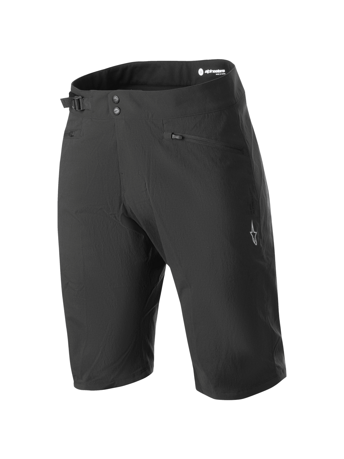 Alpinestars Stella A-Dura Liner Shorts, calções de BTT pretos para mulher, comprimento pelo joelho com fecho duplo de pressão e ajustador lateral, bolsos com fecho de correr e logótipo de estrela branco na perna, tecido elástico bidirecional durável para a prática de BTT