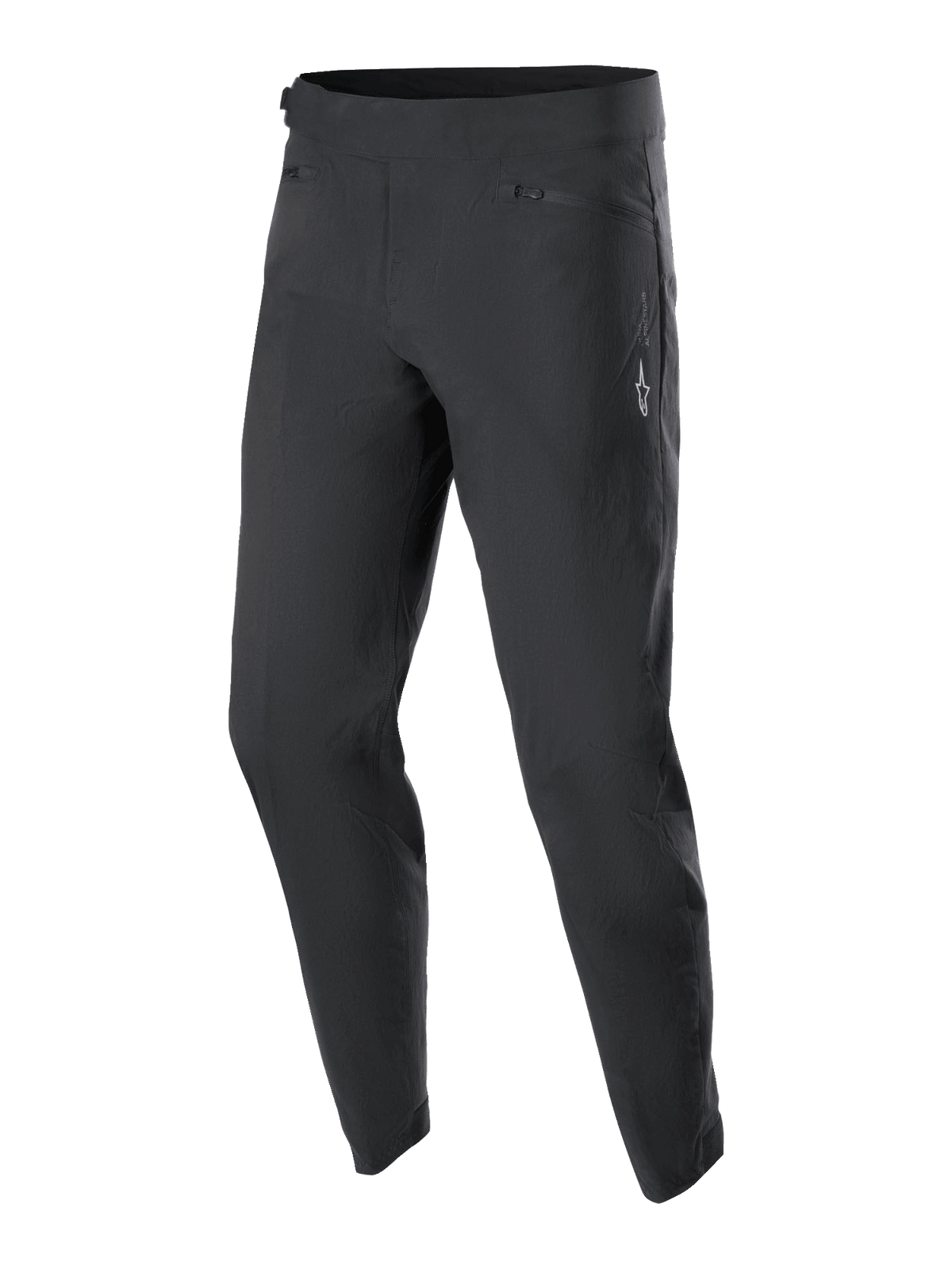 Alpinestars Youth A-Dura Pants, MTB Cycling Pants, Black, featuring two zippered front pockets and a small white Alpinestars logo on the left thigh, tapered leg design, durable stretch textile for youth mountain biking