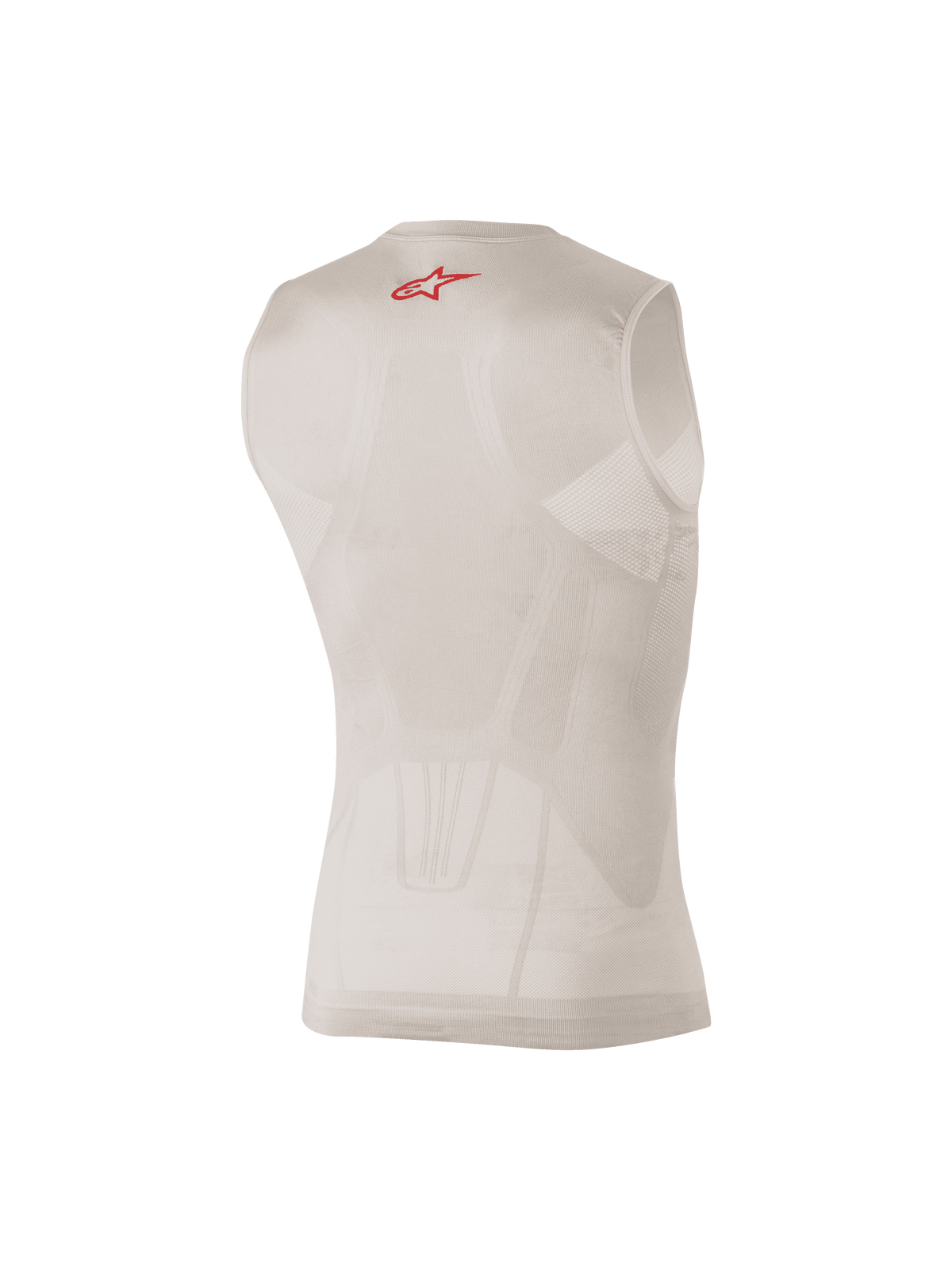 Alpinestars Tech Tank Summer, camada de base sem mangas em prateado e vermelho, vista traseira mostrando painéis de malha com mapeamento corporal e um pequeno logótipo vermelho na parte superior das costas, concebida para a absorção da humidade e arrefecimento sob equipamento de motocross ou MTB.