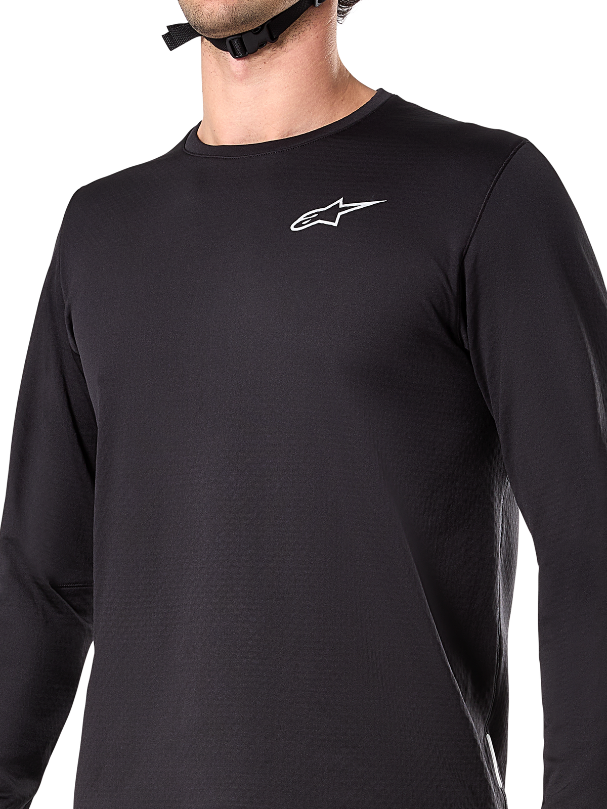 Alpinestars A-Dura Thermal Jersey, Long Sleeve Cycling Jersey, Black, featuring white wordmark logo on chest, insulated fleece-lined fabric, extended drop tail, designed for cold weather mountain biking
