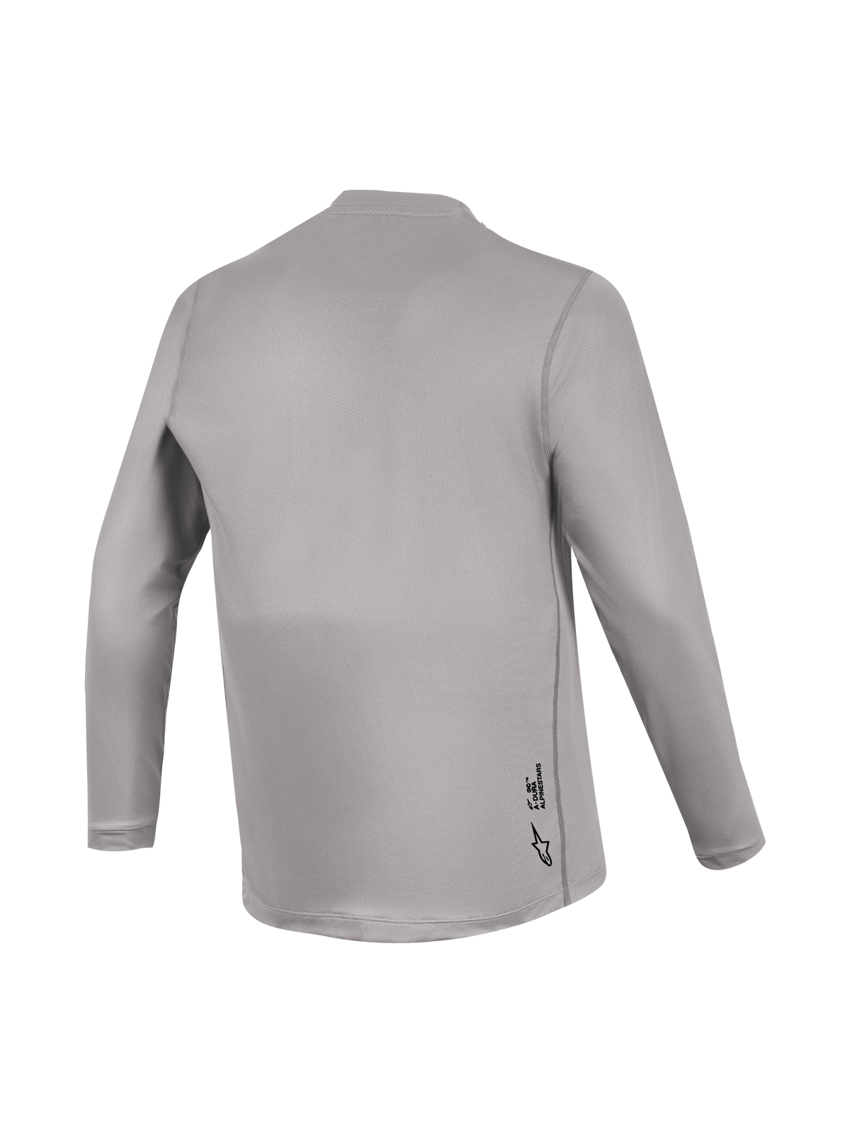 Jersey Alpinestars A-Dura Ride cinza, mangas compridas, vista traseira com textura jacquard e marca discreta para MTB.
