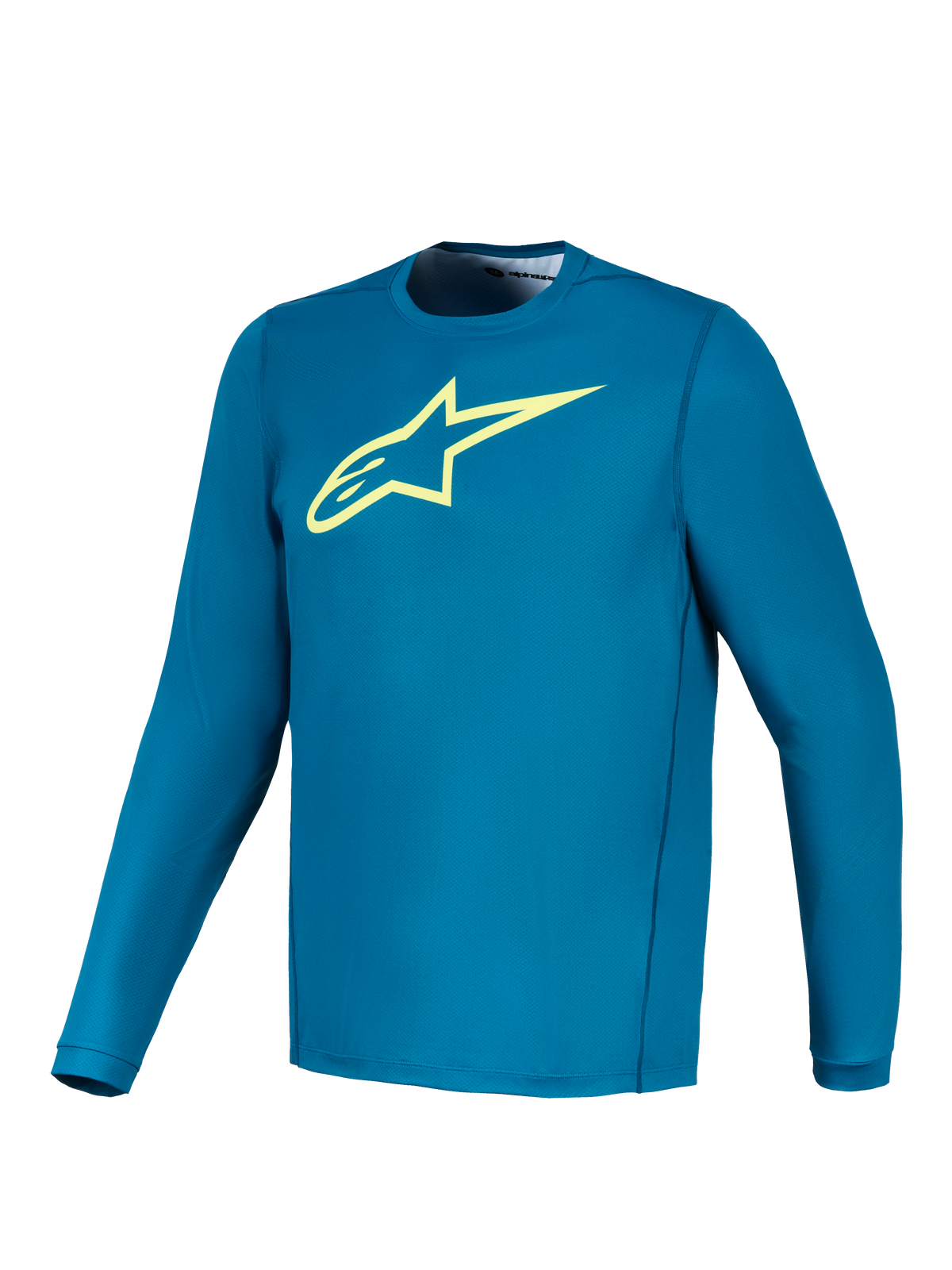 Alpinestars A-Dura Ride Long Sleeve Jersey in Blue Green with a lime yellow Astars logo, performance MTB apparel.