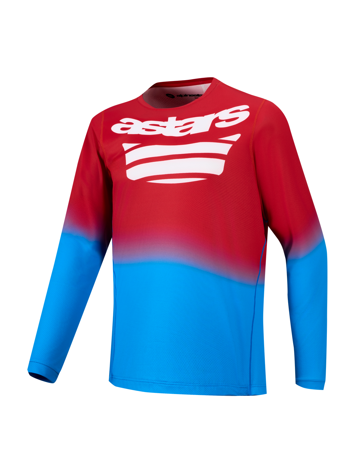 Bright red and blue A-Dura ASTARS 2.0 long sleeve MTB jersey featuring a white graphic logo on the chest.