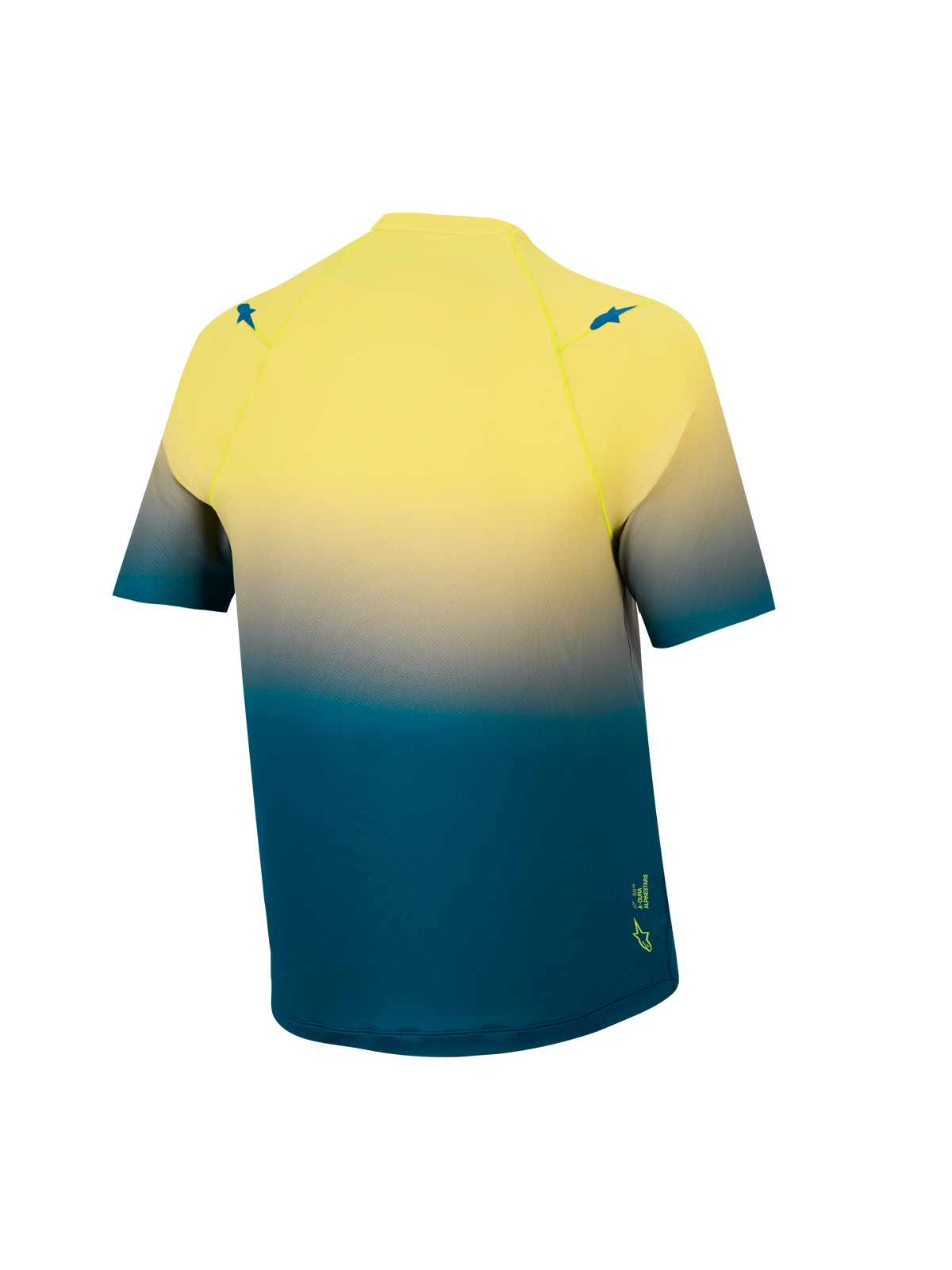 A-Dura ASTARS 2.0 Jersey, back view in blue and yellow fluo gradient, short sleeve MTB top with performance stretch.