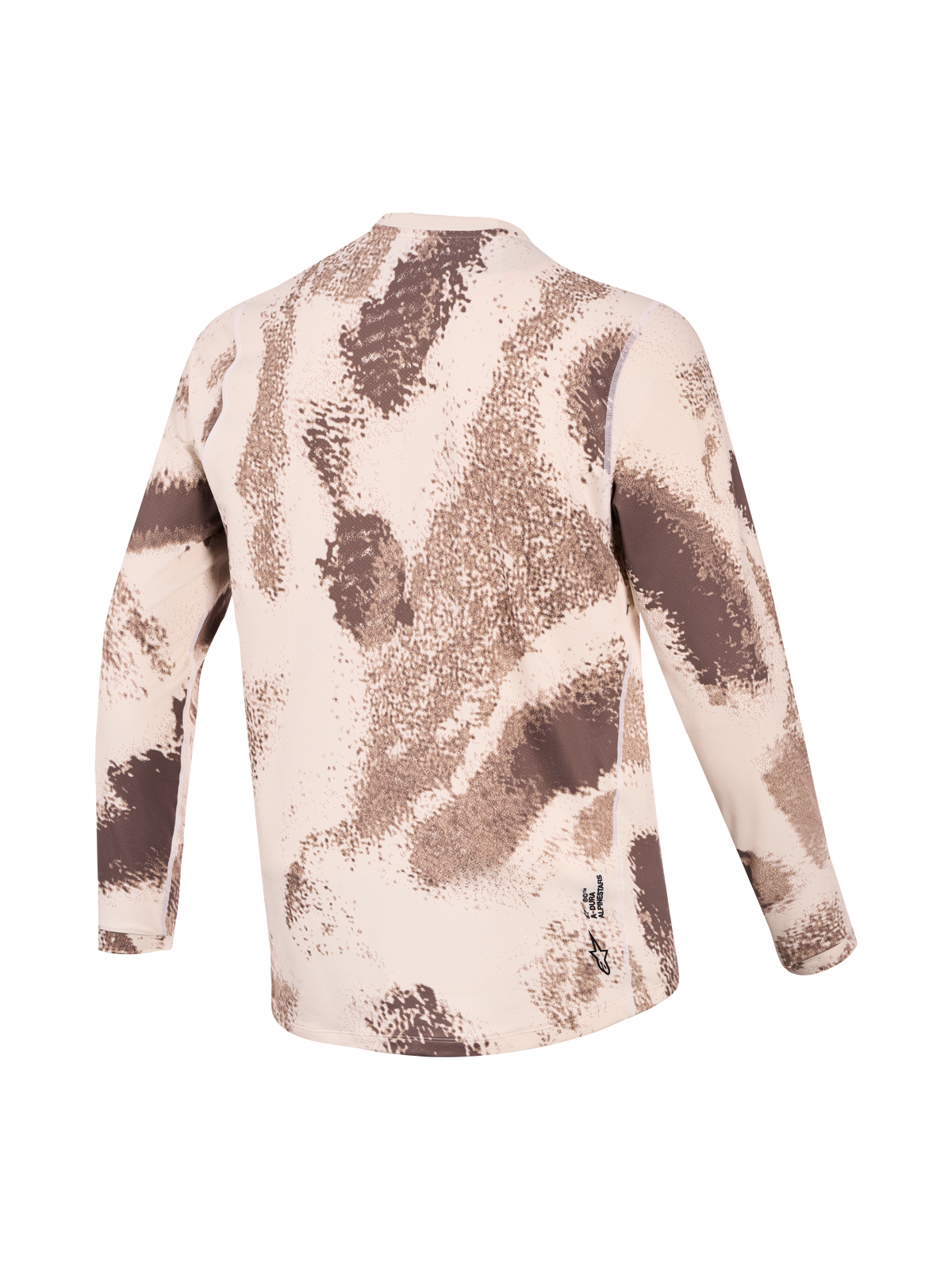Alpinestars Camisola A-Dura Ride, camisola de manga compridas de BTT, camuflado bege e castanho, vista traseira com barra traseira alongada e logótipo Astars