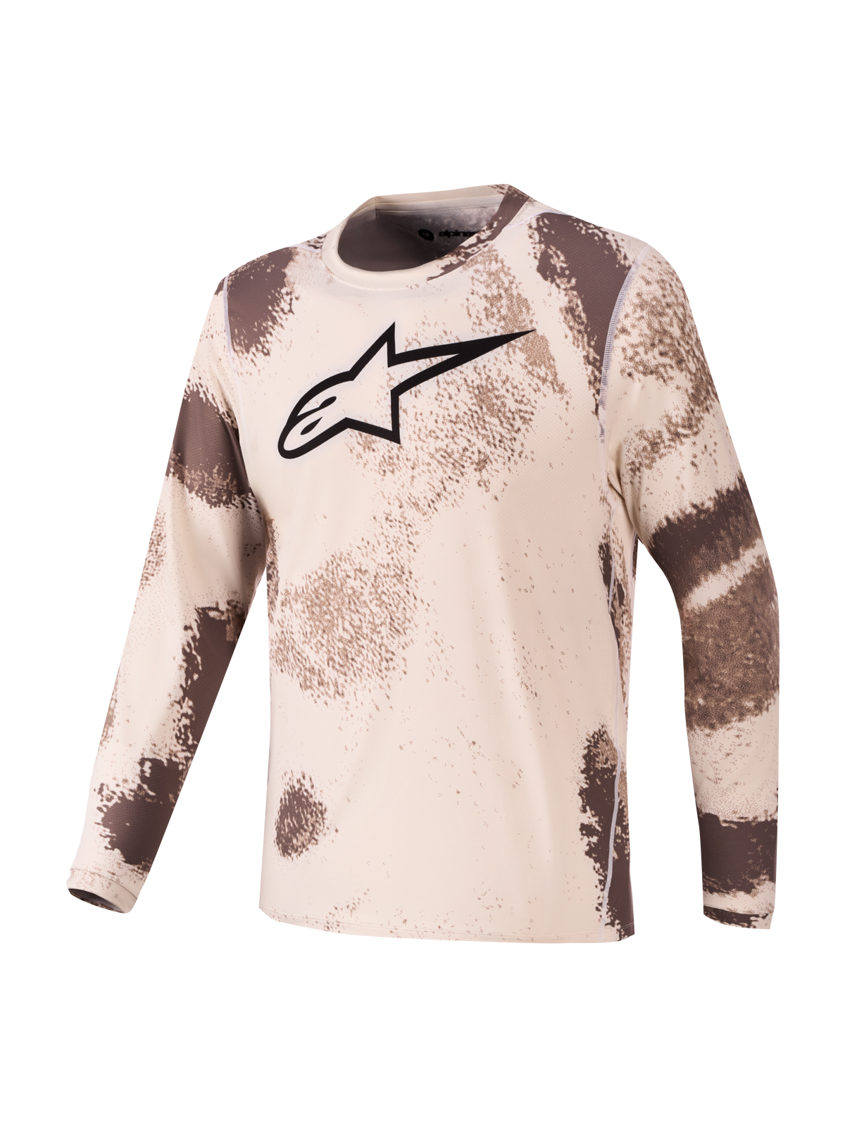 Alpinestars Camisola A-Dura Ride, camisola de manga comprida para BTT, padrão camuflado bege e castanho, logótipo Astars preto no peito