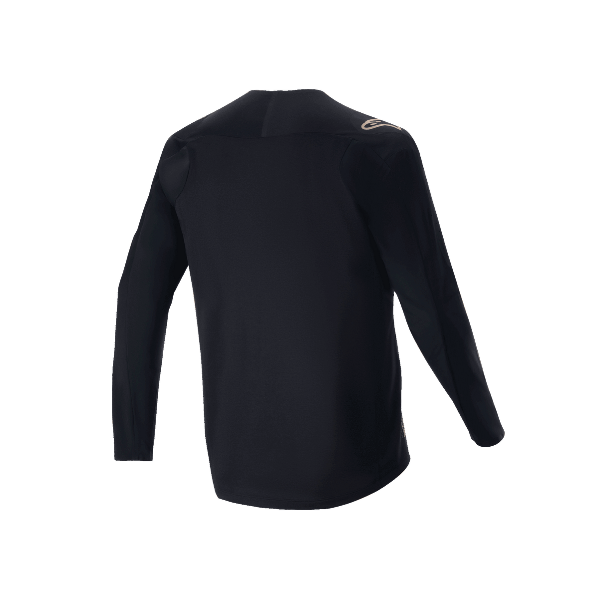 Alpinestars A-Aria Polartec Switch Long Sleeve Jersey, preto, vista traseira de camisola de BTT, com um pequeno logótipo bege no ombro e bainha mais comprida atrás, tecido técnico que absorve a humidade para ciclismo todo-o-terreno