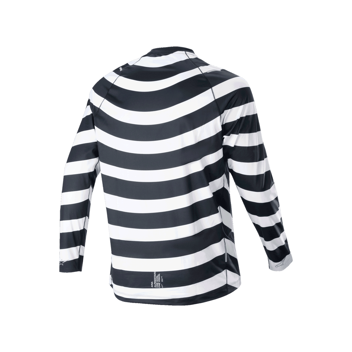 Jersey de Manga Longa Alpinestars A-Aria Oscar, preto e branco, vista traseira com o gráfico em espiral heritage, jersey de ciclismo de manga longa com ajuste de performance e cauda mais longa para trilhos de BTT