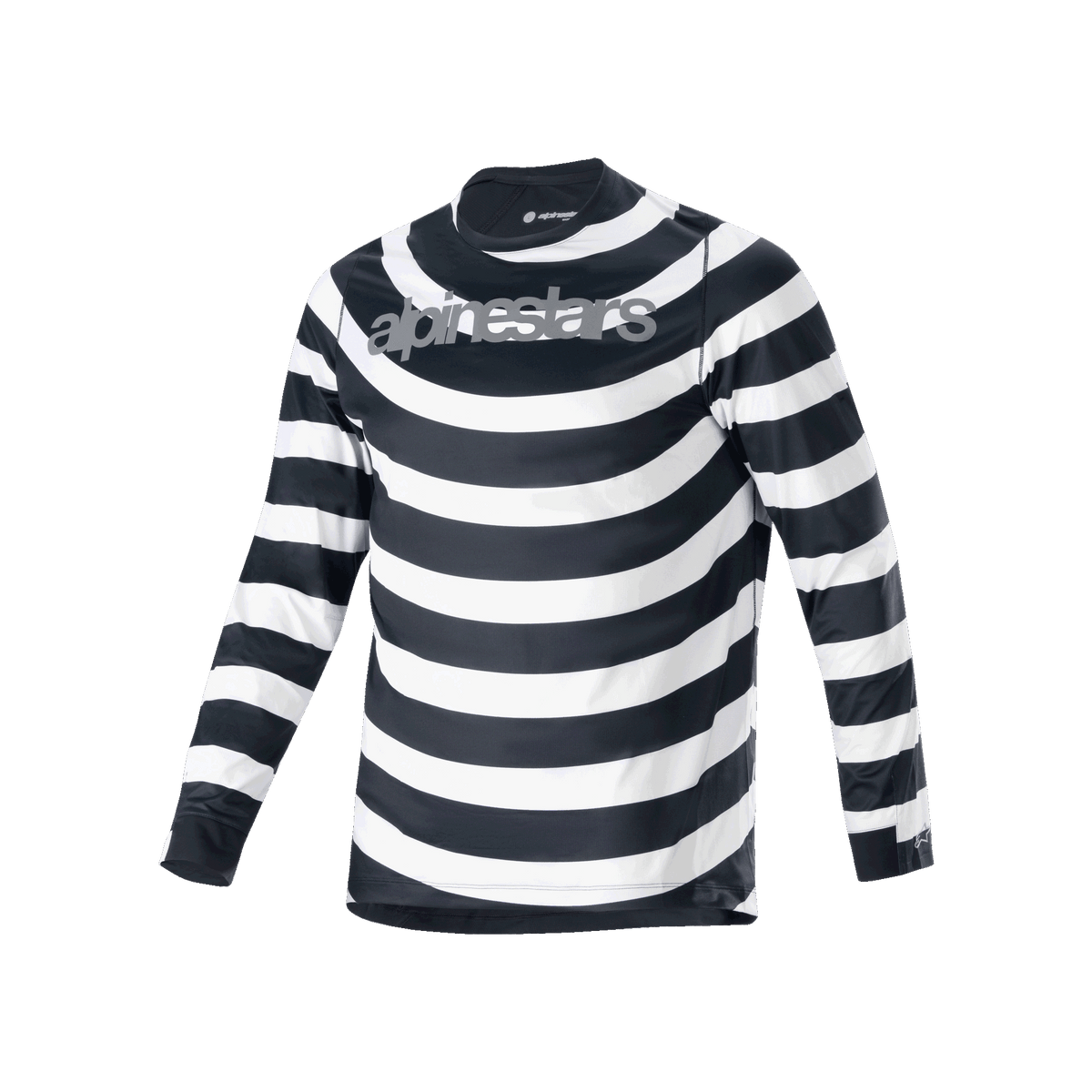 Alpinestars Camisola A-Aria Oscar, camisola de MTB de manga comprida, riscas horizontais em espiral pretas e brancas, logótipo Alpinestars cinzento no peito, equipamento de ciclismo de performance leve e respirável