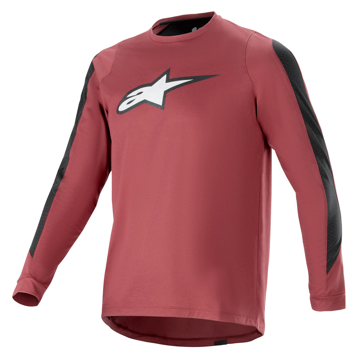 Alpinestars A-Dura Dri Astar Jersey de manga comprida, bordô e preto, tecido drirelease com absorção de humidade, gola redonda, logótipo Astar branco no peito, painéis de malha pretos nas mangas, vestuário de performance para mountain bike