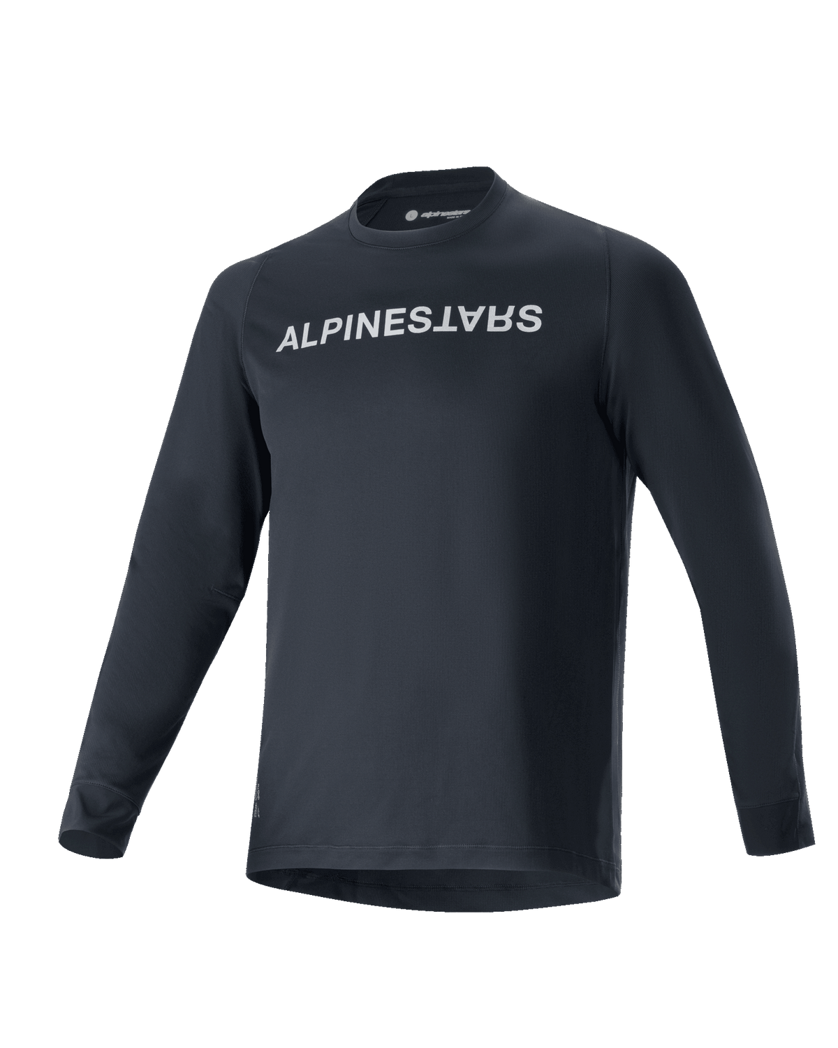 Alpinestars A-Aria Switch Long Sleeve Jersey, camisola de ciclismo MTB, preta, logótipo Alpinestars branco em destaque no peito, gola redonda, tecido leve e respirável, ajuste de performance para condução fora de estrada