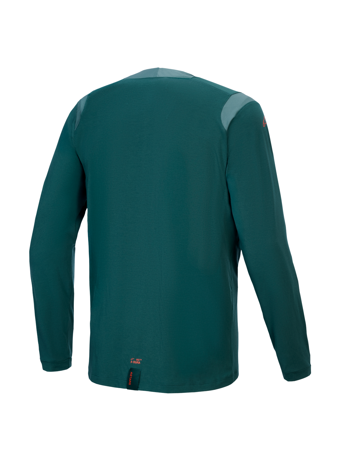Camisola de Manga Comprida Alpinestars A-Dura Dri Wool, Dark Pine, vista traseira com painéis de malha nos ombros e gola, tecido técnico de mistura de lã, cauda mais comprida para cobertura em MTB, pequeno logótipo laranja na bainha inferior