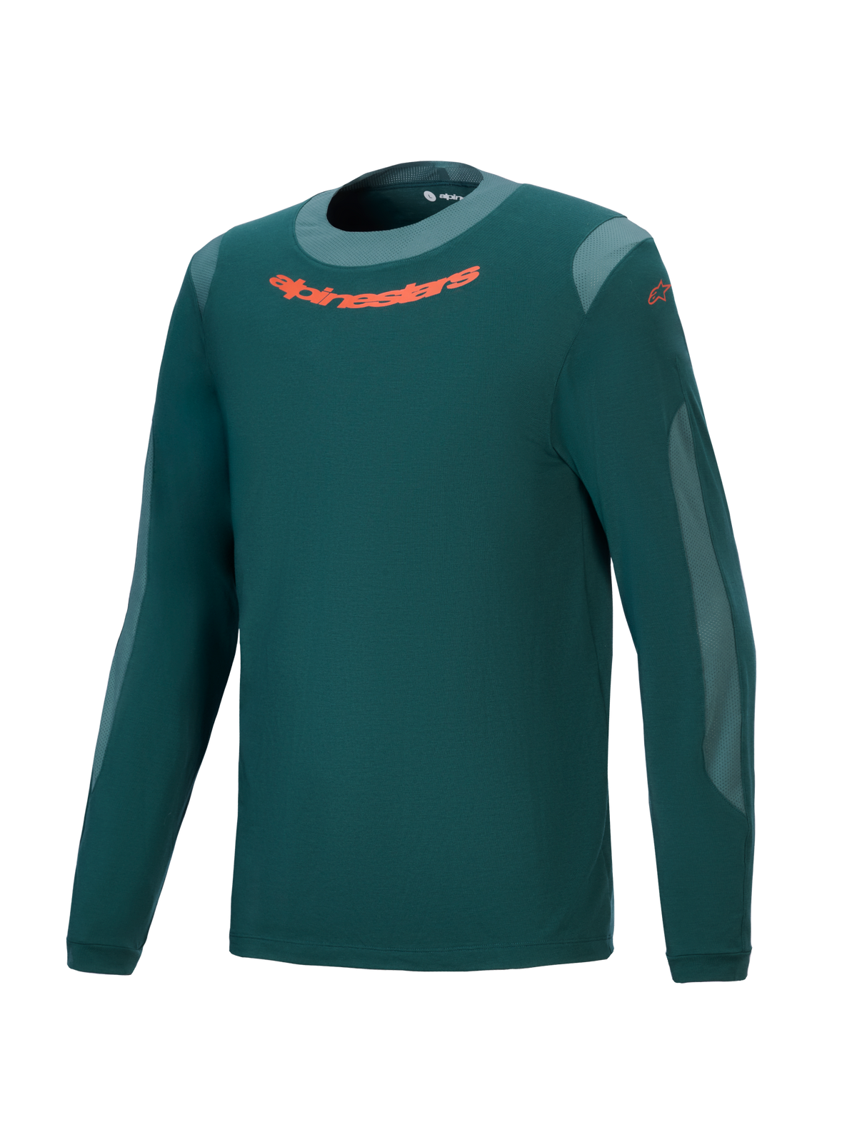 Alpinestars A-Dura Dri Wool Jersey - Manga Comprida, verde pinho escuro, camisola de performance para BTT com logótipo laranja no peito, painéis de malha cinzento-claro e gola redonda