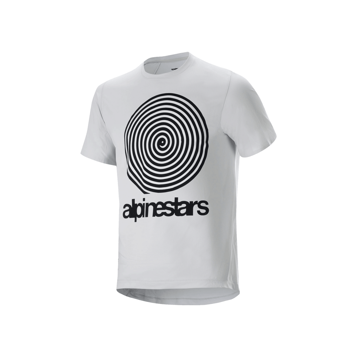 Alpinestars A-Dura Oscar Short Sleeve Jersey, camisola de manga curta cor White Dove, com um grande gráfico em espiral Oscar vintage em preto e marca Alpinestars na frente, material jacquard técnico para trilhos de BTT