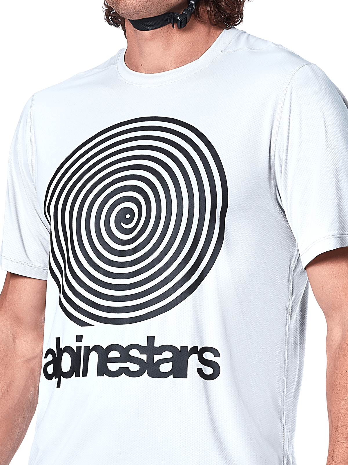 Alpinestars A-Dura Oscar Jersey, camisola de BTT de manga curta, White Dove, grande gráfico espiral Oscar preto no peito, logótipo Alpinestars em serigrafia, textura em malha jacquard, vestuário de performance para ciclismo