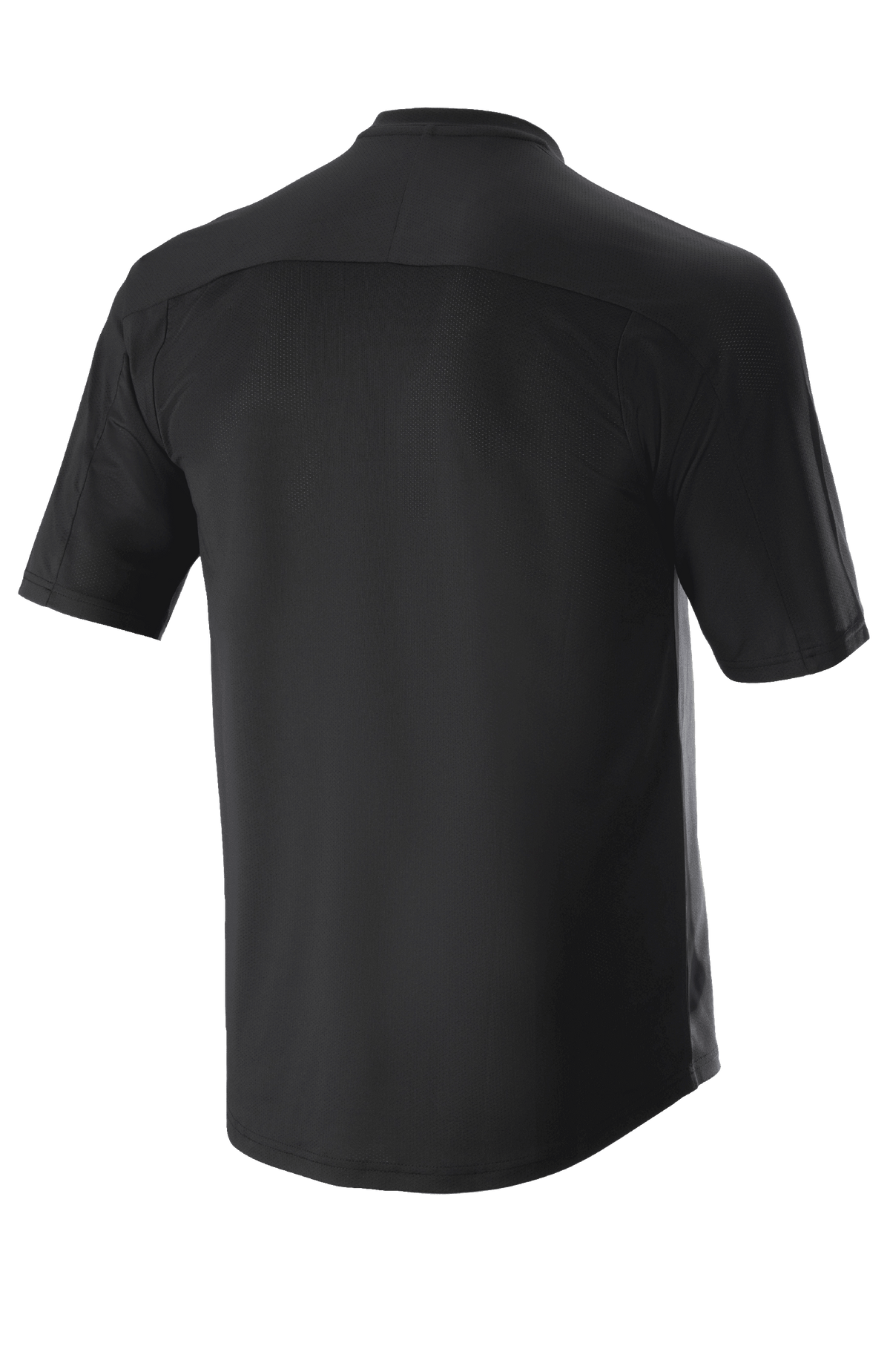Camisola Alpinestars Drop Meta - Manga Curta, preta, vista traseira com pala de ombro única e costuras nas mangas, cauda estendida para maior cobertura, malha leve e respirável para BTT
